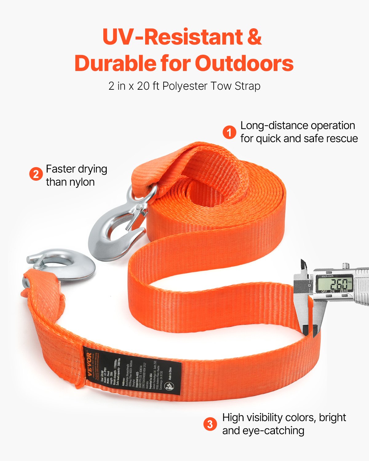 VEVOR ATV Tow Strap with Hooks, 50.8 mm x 6.1 m, 7711 kg Capacity, Durable Recovery Rope with Security Hooks for Trucks and Vehicles, Essential Towing Accessory for Roadside Assistance