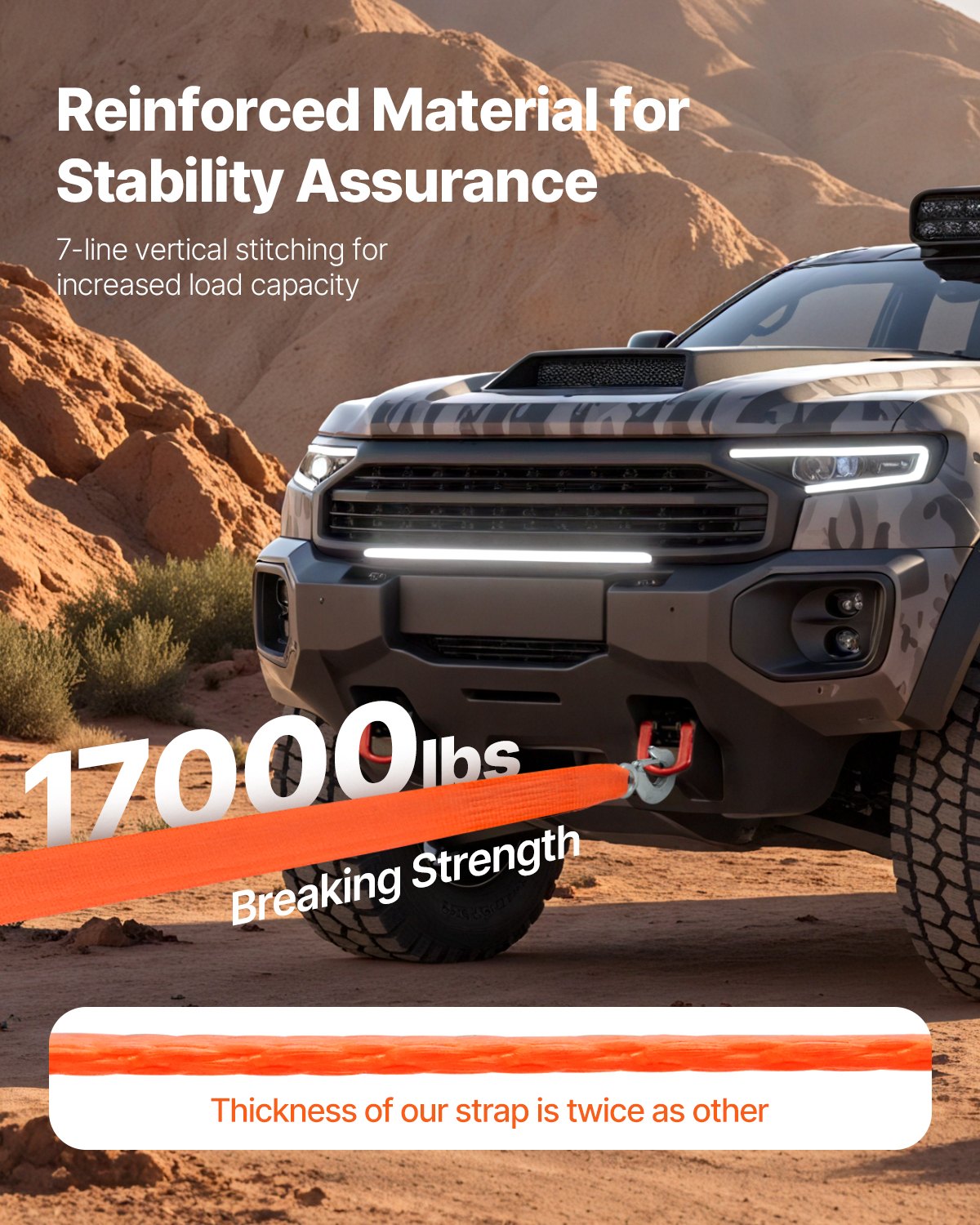 VEVOR ATV Tow Strap with Hooks, 50.8 mm x 6.1 m, 7711 kg Capacity, Durable Recovery Rope with Security Hooks for Trucks and Vehicles, Essential Towing Accessory for Roadside Assistance