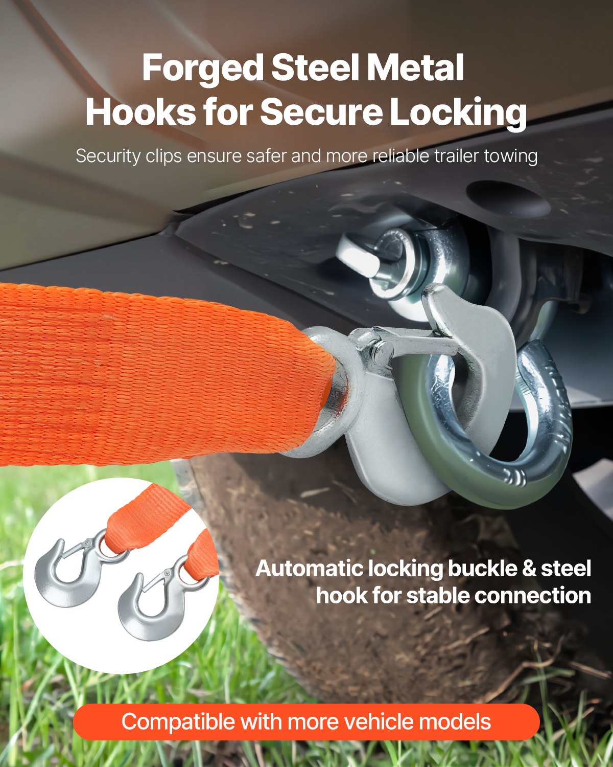VEVOR ATV Tow Strap with Hooks, 50.8 mm x 6.1 m, 7711 kg Capacity, Durable Recovery Rope with Security Hooks for Trucks and Vehicles, Essential Towing Accessory for Roadside Assistance