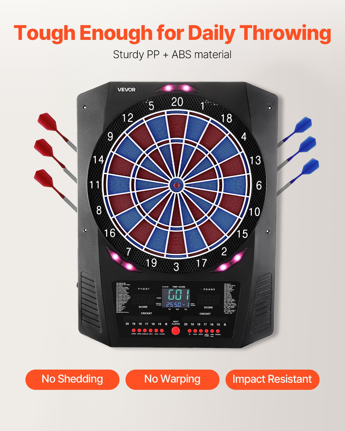 VEVOR Electronic Dart Board, 336mm Target Dartboard with 45 Games & 474 Variations for Up to 8 Players, 6 Dart Shafts with Flights & 50 Soft Tips, Color LED Cricket Scoring Screen for Home Party Bar