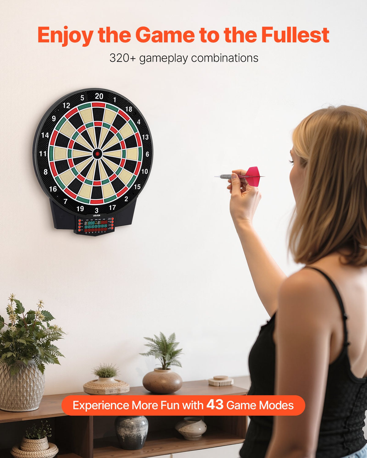VEVOR Electronic Dart Board, 391mm Target Dartboard with 43 Games & 320+ Variations for Up to 8 Players, 6 Dart Shafts with Flights & 50 Soft Tips, Color LCD Scoring Screen for Home Party Game Room