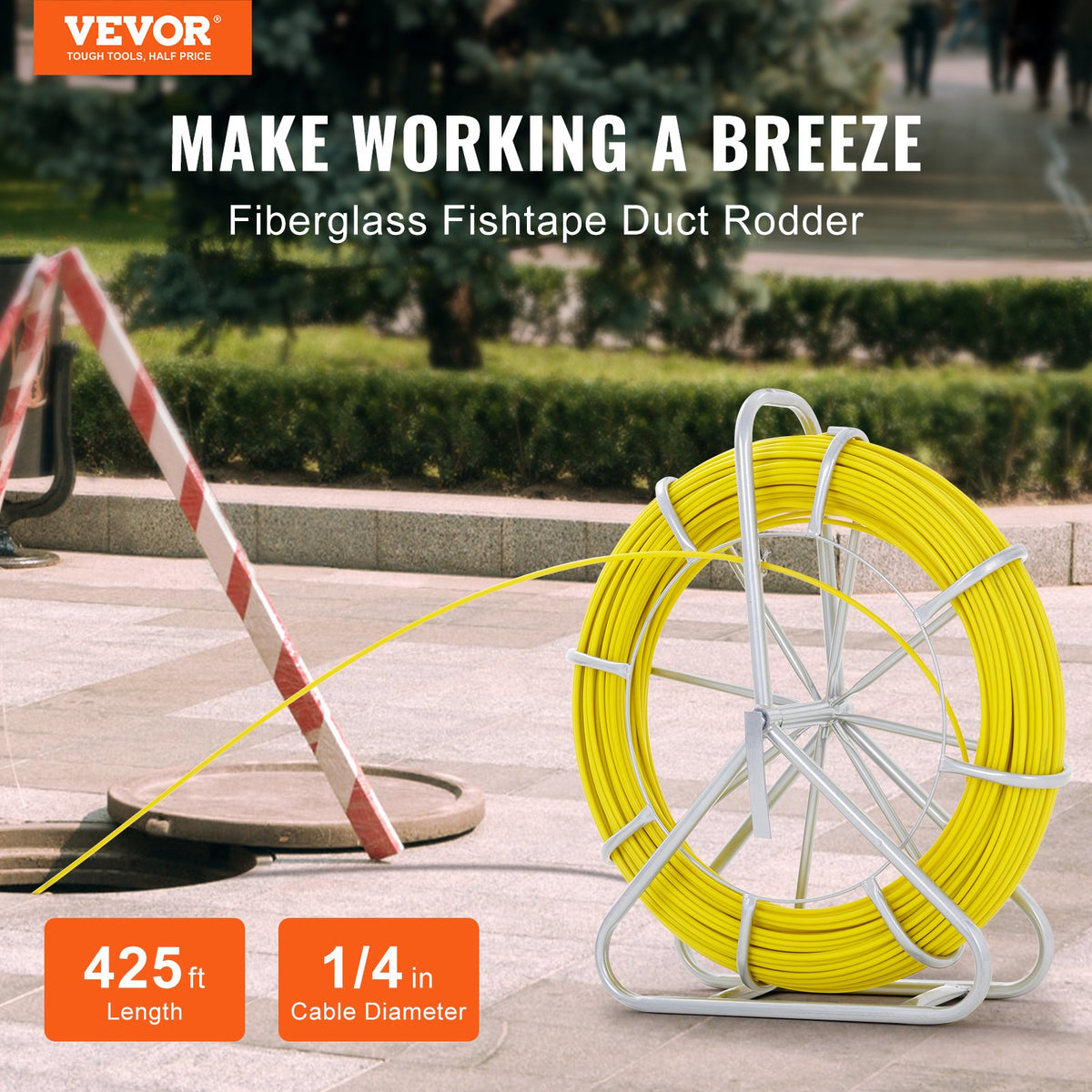 VEVOR Fish Tape Fiberglass, 129.5 m, 6.4 mm, Duct Rodder Fishtape Wire Puller, Cable Running Rod with Steel Reel Stand, 3 Pulling Heads, Fishing Tools for Walls and Electrical Conduit, Non-Conductive