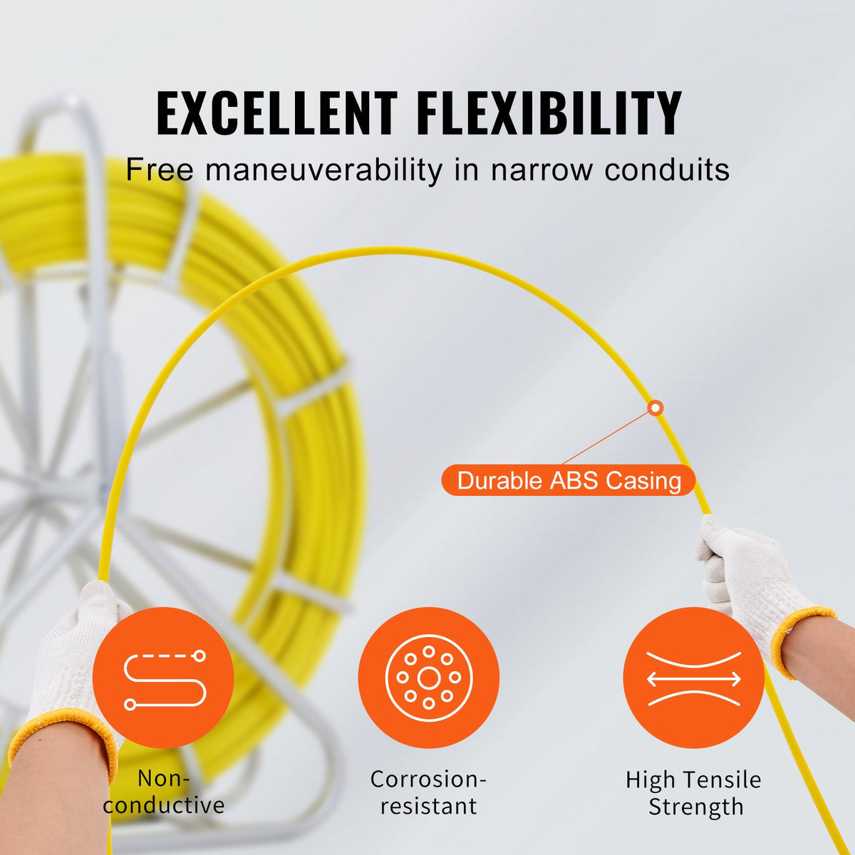 VEVOR Fish Tape Fiberglass, 129.5 m, 6.4 mm, Duct Rodder Fishtape Wire Puller, Cable Running Rod with Steel Reel Stand, 3 Pulling Heads, Fishing Tools for Walls and Electrical Conduit, Non-Conductive