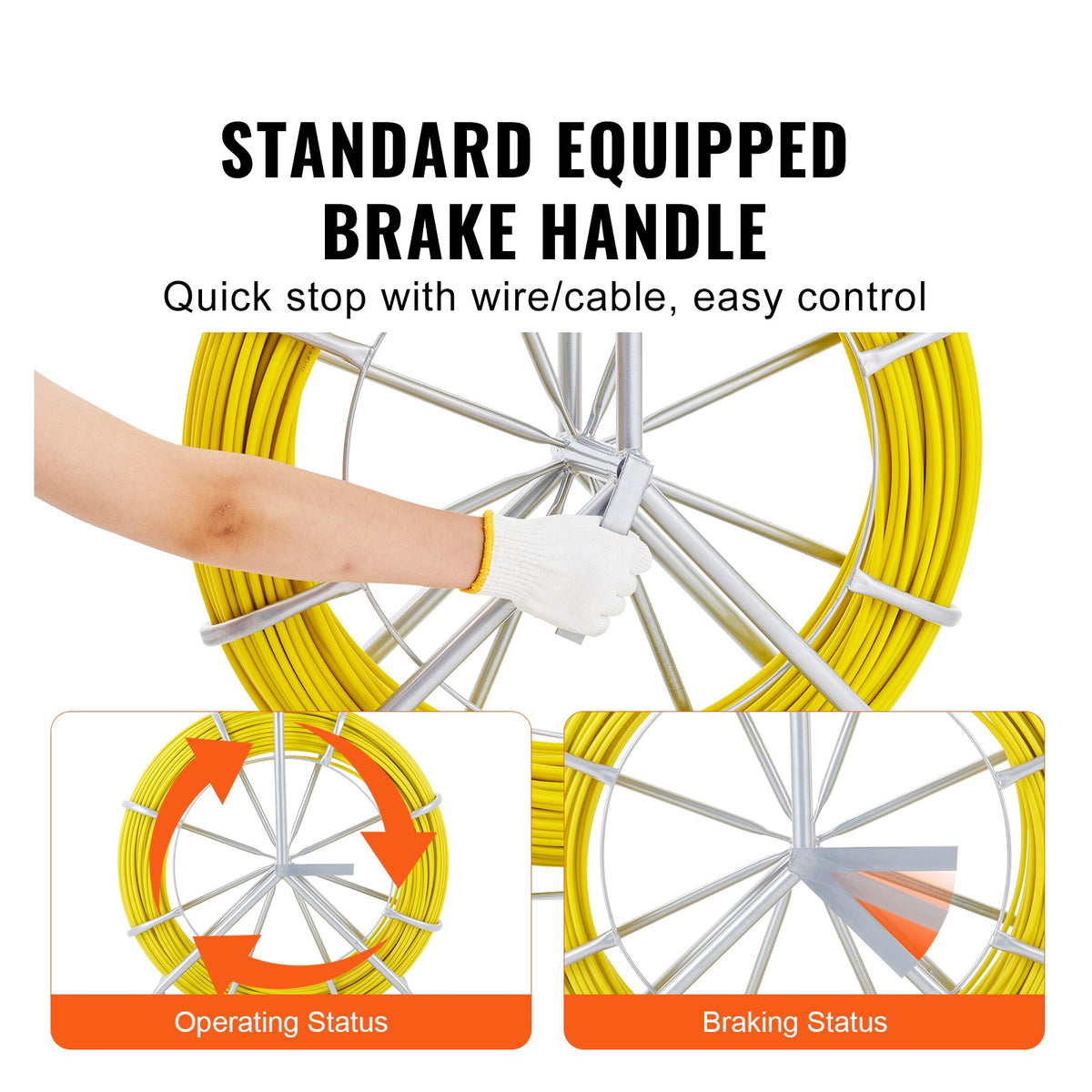 VEVOR Fish Tape Fiberglass, 129.5 m, 6.4 mm, Duct Rodder Fishtape Wire Puller, Cable Running Rod with Steel Reel Stand, 3 Pulling Heads, Fishing Tools for Walls and Electrical Conduit, Non-Conductive