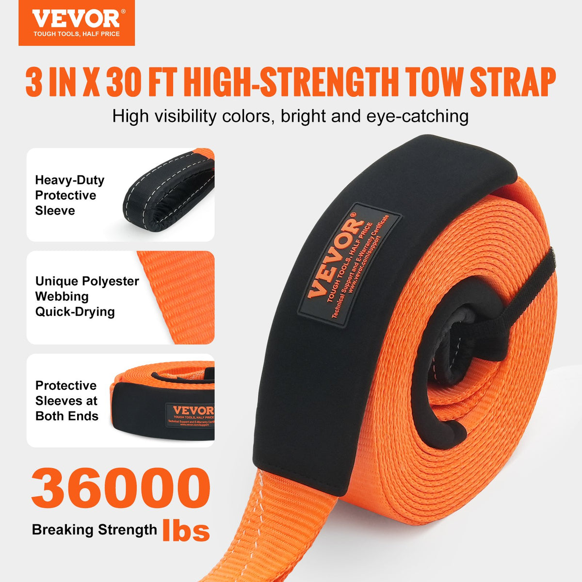 VEVOR Polyester Heavy Duty Tow Strap Recovery Kit 3" x 30 ft/7.6 cm x 9.1 m (MBS-36,000 lbs/16,329 kg) Winch Strap, Triple Reinforced Loop, Snatch Strap + 2" (5.1 cm) Shackle Hitch Receiver + 3/4" (1.9 cm) D-Ring Shackles (2PCS) + Storage Bag