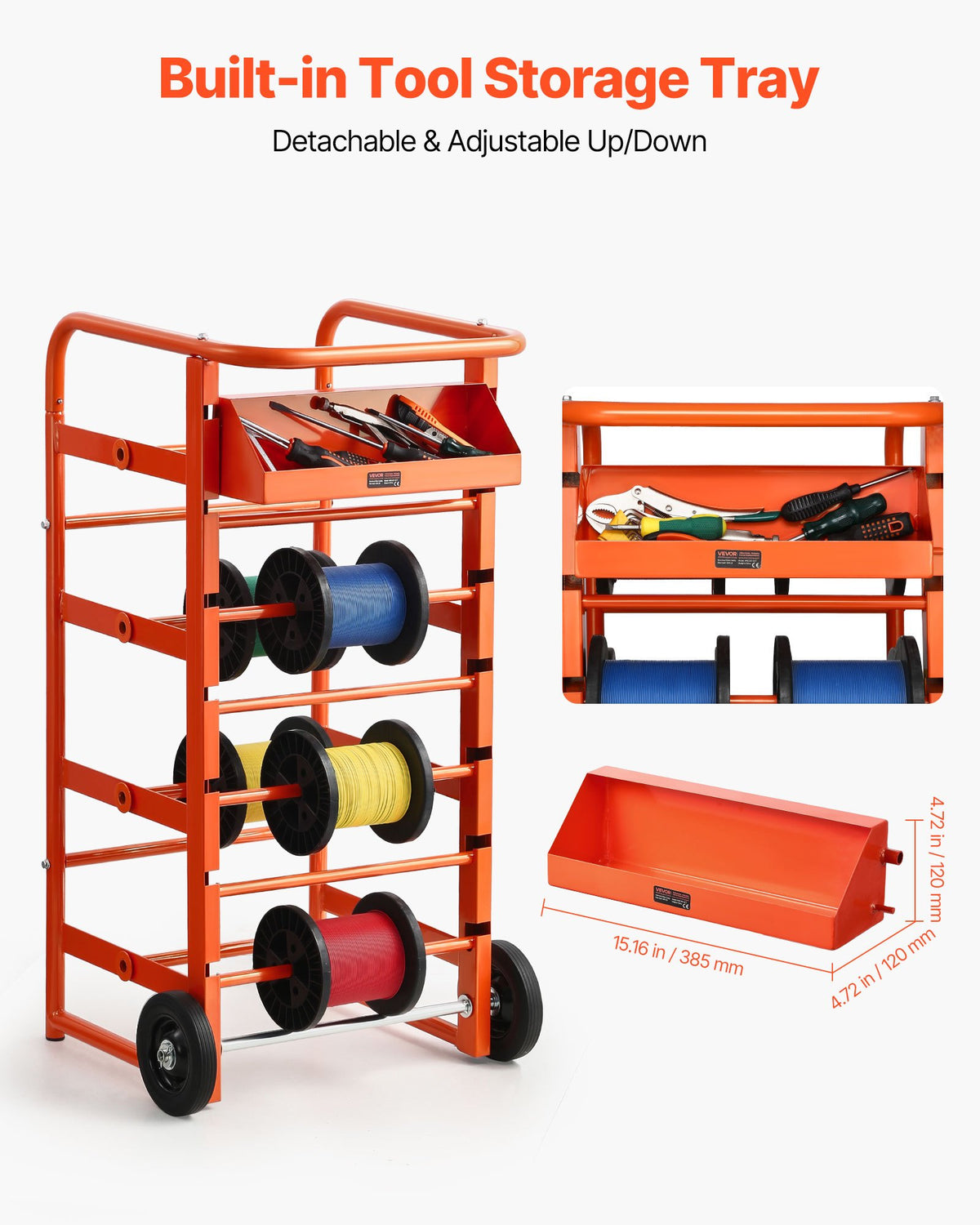 VEVOR Wire Spool Rack, 11 Rods, Multi-Spool Wire Rack Dispenser, Cable Caddy with Wheels, Cable Holder with Storage Tray for Wiring Storage, for Electrical, Industrial & Retail Use, Working Efficiency