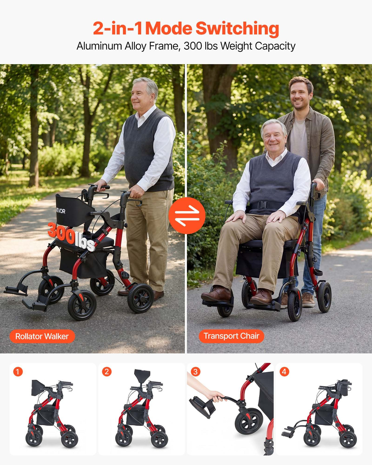 VEVOR 2-in-1 Rollator Walker & Transport Chair for Seniors, Foldable Rolling Walker Wheelchair, Lightweight Aluminum Mobility Walking Aid with Solid PU Wheels, Cup & Cane Holder - Supports 136kg