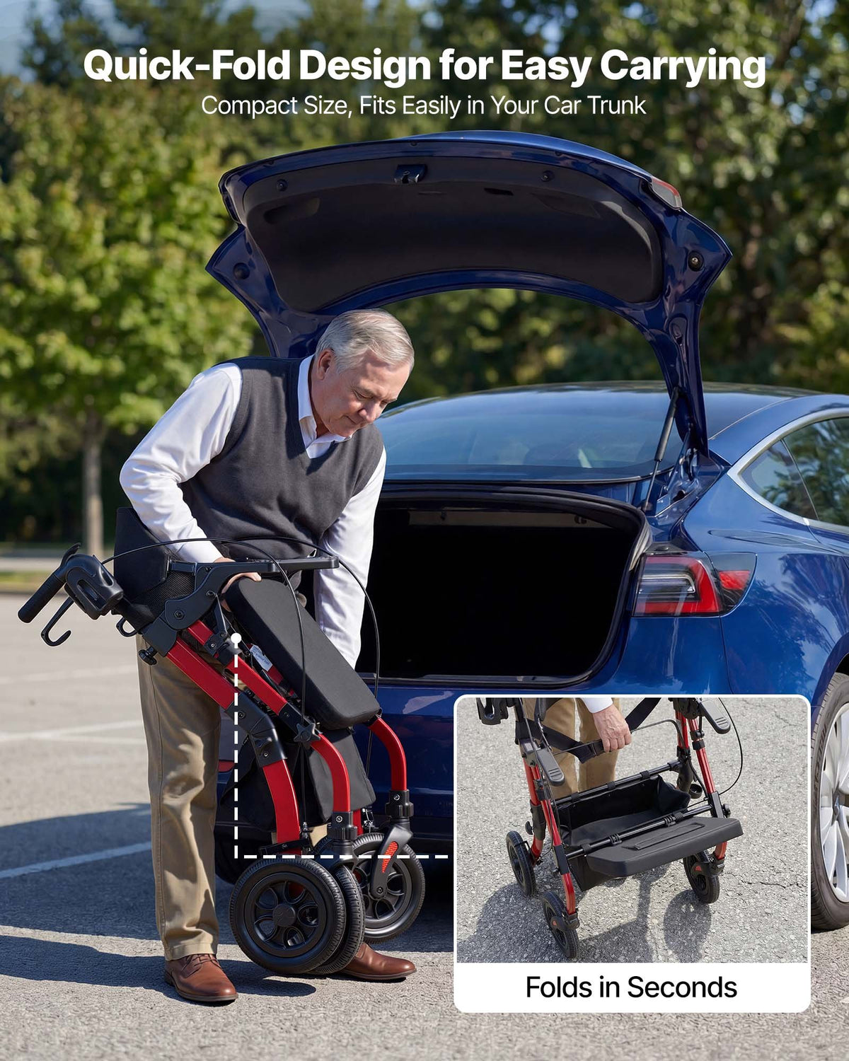 VEVOR 2-in-1 Rollator Walker & Transport Chair for Seniors, Foldable Rolling Walker Wheelchair, Lightweight Aluminum Mobility Walking Aid with Solid PU Wheels, Cup & Cane Holder - Supports 136kg