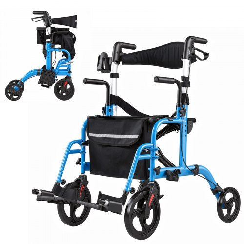 VEVOR 2-in-1 Rollator Walker & Transport Chair for Seniors, Foldable Rolling Walker Wheelchair, Lightweight Aluminum Mobility Walking Aid with Solid PVC Wheels, Cup & Cane Holder - Supports 136kg