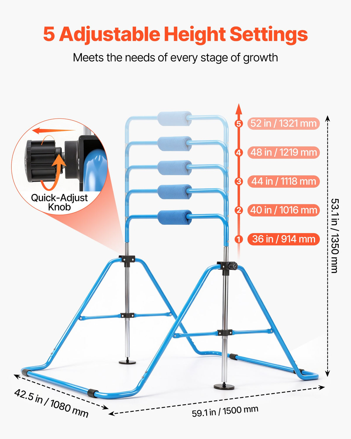 VEVOR Gymnastic Bars for Kids, 63.5 kg Capacity Folding Training Kip Bar, Adjustable Height Gymnastic Horizontal Bar for Home, Training Equipment for Indoor and Outdoor, Easy to Assemble, Blue