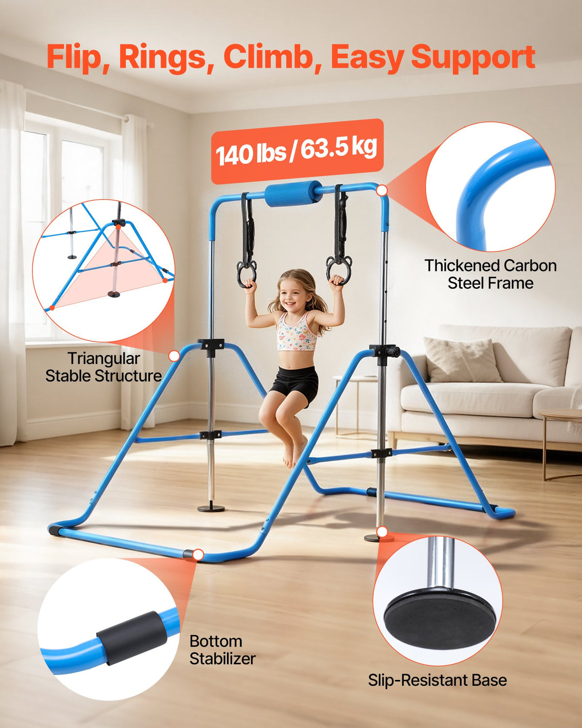 VEVOR Gymnastic Bars for Kids, 63.5 kg Capacity Folding Training Kip Bar, Adjustable Height Gymnastic Horizontal Bar for Home, Training Equipment for Indoor and Outdoor, Easy to Assemble, Blue