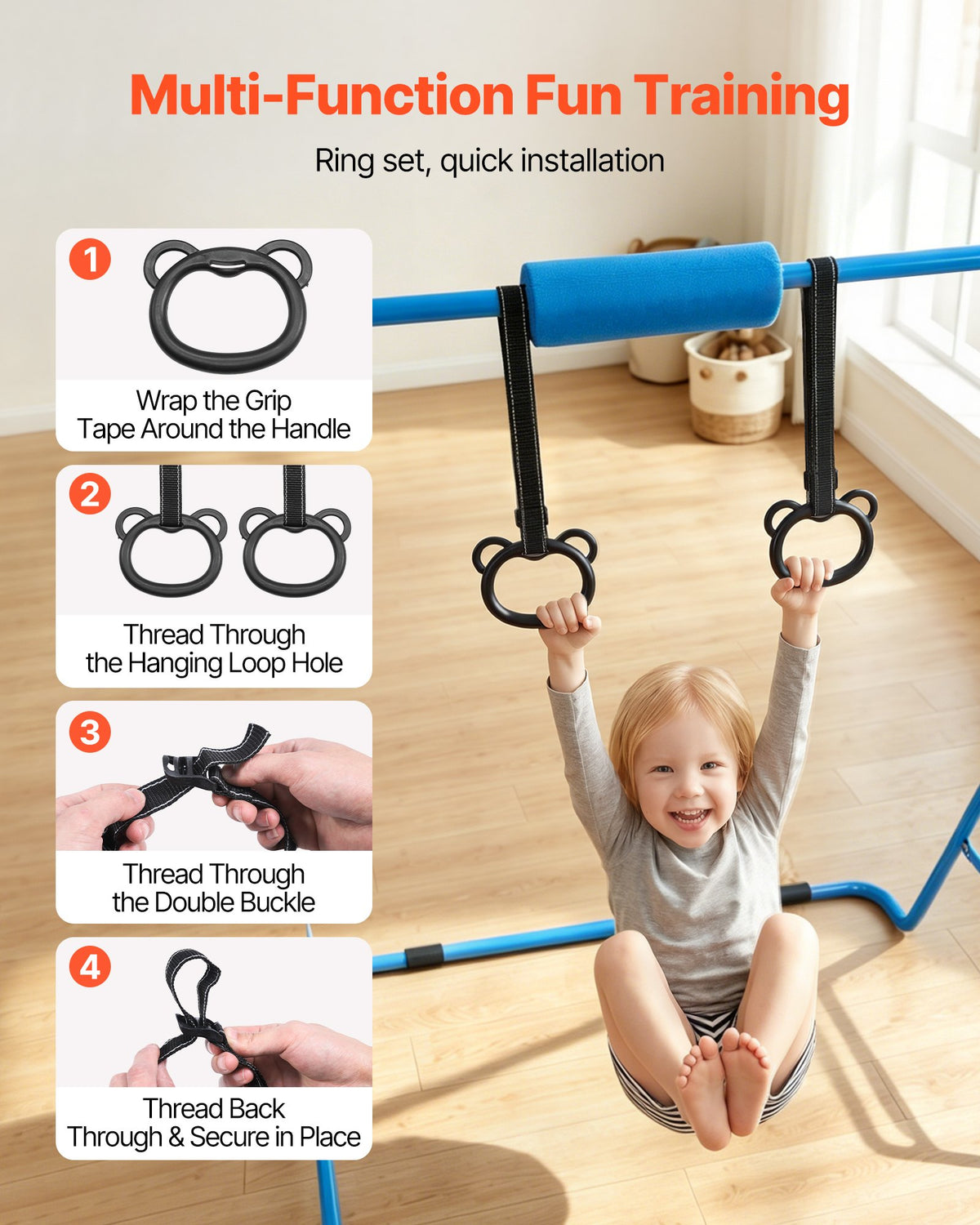 VEVOR Gymnastic Bars for Kids, 63.5 kg Capacity Folding Training Kip Bar, Adjustable Height Gymnastic Horizontal Bar for Home, Training Equipment for Indoor and Outdoor, Easy to Assemble, Blue