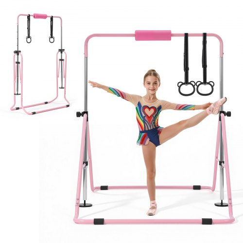 VEVOR Gymnastic Bars for Kids, 63.5 kg Capacity Folding Training Kip Bar, Adjustable Height Gymnastic Horizontal Bar for Home, Training Equipment for Indoor and Outdoor, Easy to Assemble, Pink