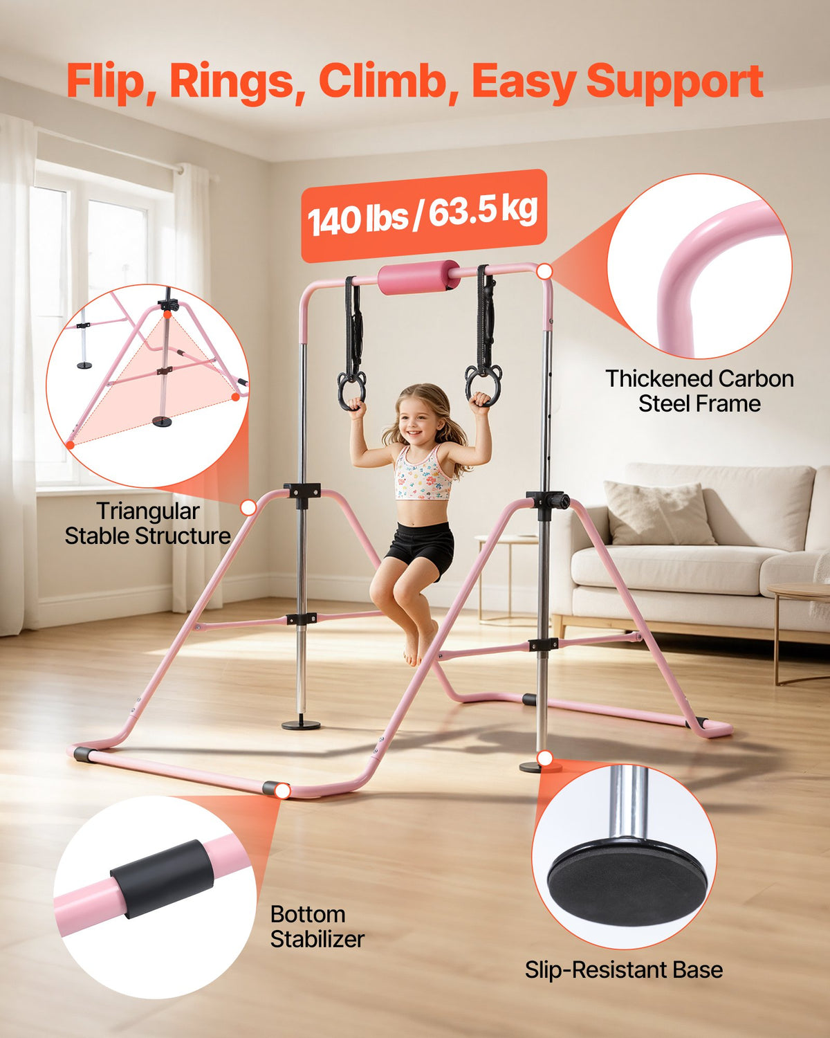 VEVOR Gymnastic Bars for Kids, 63.5 kg Capacity Folding Training Kip Bar, Adjustable Height Gymnastic Horizontal Bar for Home, Training Equipment for Indoor and Outdoor, Easy to Assemble, Pink