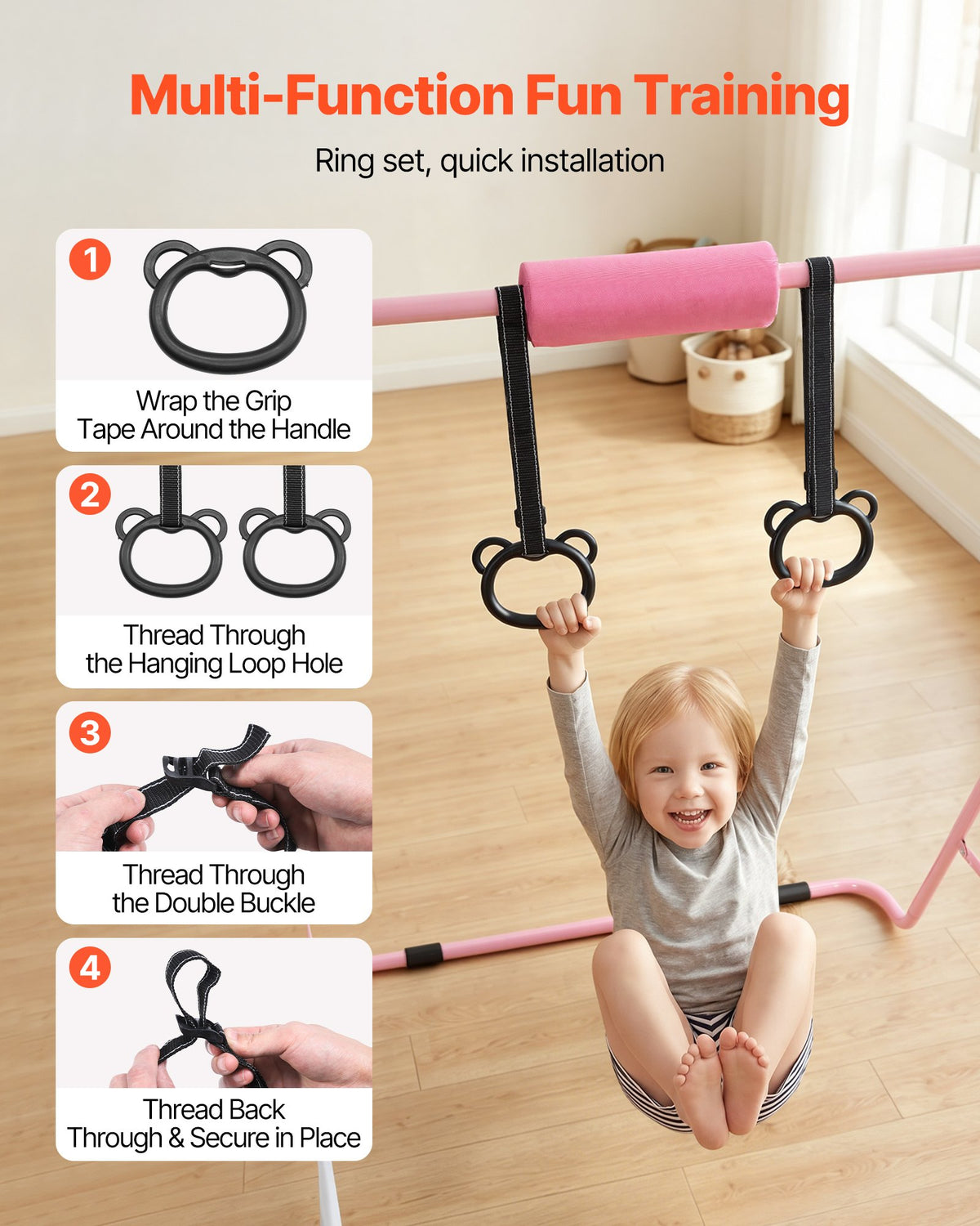 VEVOR Gymnastic Bars for Kids, 63.5 kg Capacity Folding Training Kip Bar, Adjustable Height Gymnastic Horizontal Bar for Home, Training Equipment for Indoor and Outdoor, Easy to Assemble, Pink