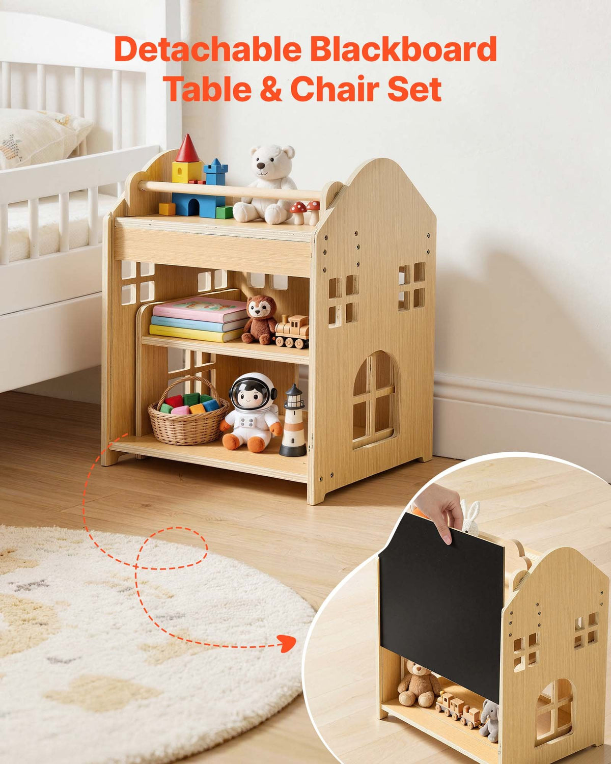 VEVOR Montessori Weaning Table and Chair Set, Wooden, 3 in 1 Kids Table and Chair Set for Toddlers 1-5, with Detachable Chalkboard, 0°& 35°Angles, Easy to Clean, for Eating Drawing Reading Playing