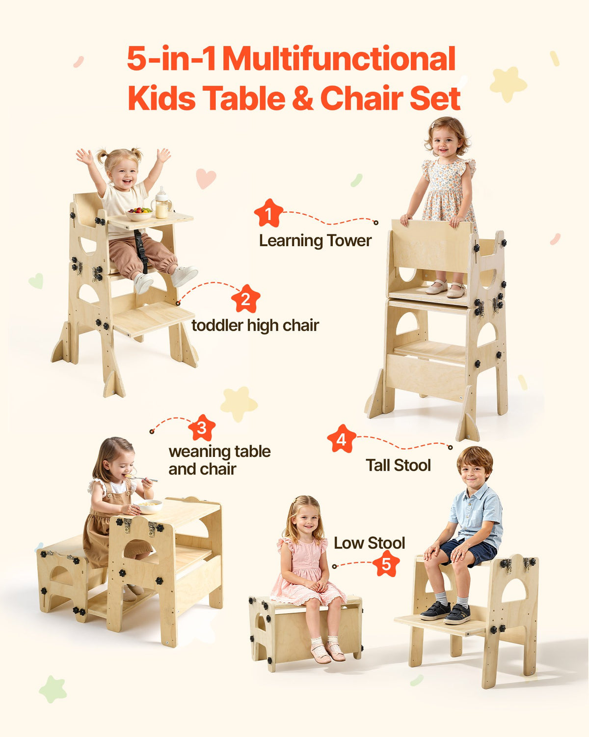 VEVOR Toddler Tower, Wooden, Adjustable Kitchen Step Stool for Kids 1-5, Montessori Weaning Table and Chair Set, Learning Standing Tower with Chalkboard, Backrest, for Bathroom and Kitchen Counter