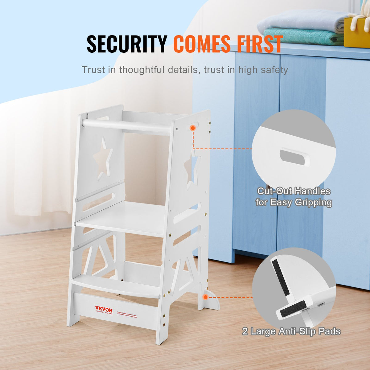 VEVOR Tower Step Stool for Kids and Toddlers, 3-Level Height Adjustable Toddler Kitchen Stool Helper, Bamboo Standing Tower Learning Stool with Safety Rail for Bedroom Bathroom, 350LBS Loading, White