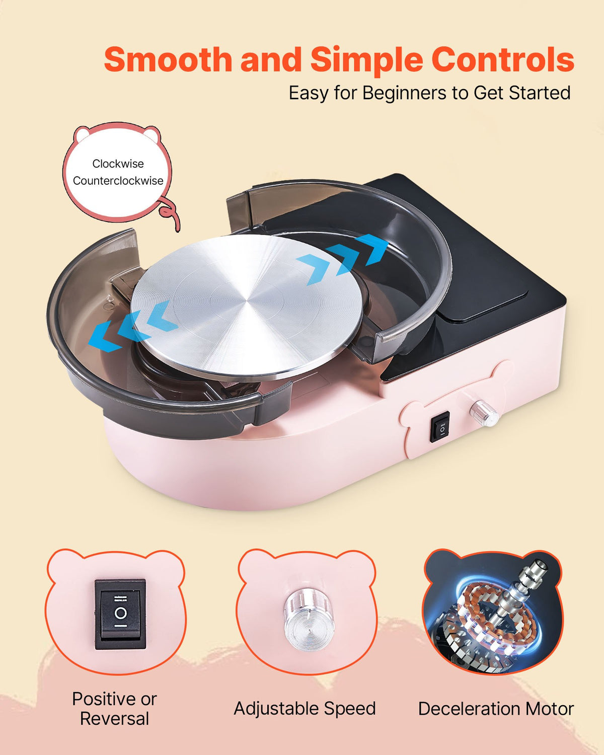 VEVOR Mini Pottery Wheel, 158 mm Turntable, Forward and Reverse Rotation, Adjustable Speed, Electric Clay Wheel for Kids and Adults, with Clay Shaping Tools, for Home DIY, Pottery Classes, Pink