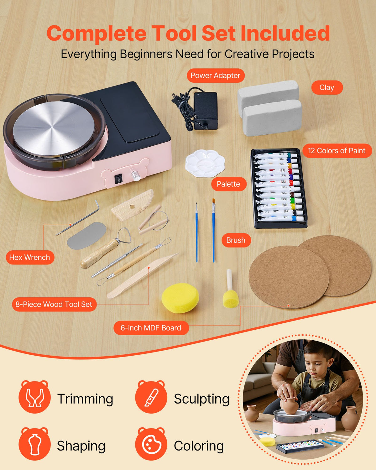 VEVOR Mini Pottery Wheel, 158 mm Turntable, Forward and Reverse Rotation, Adjustable Speed, Electric Clay Wheel for Kids and Adults, with Clay Shaping Tools, for Home DIY, Pottery Classes, Pink