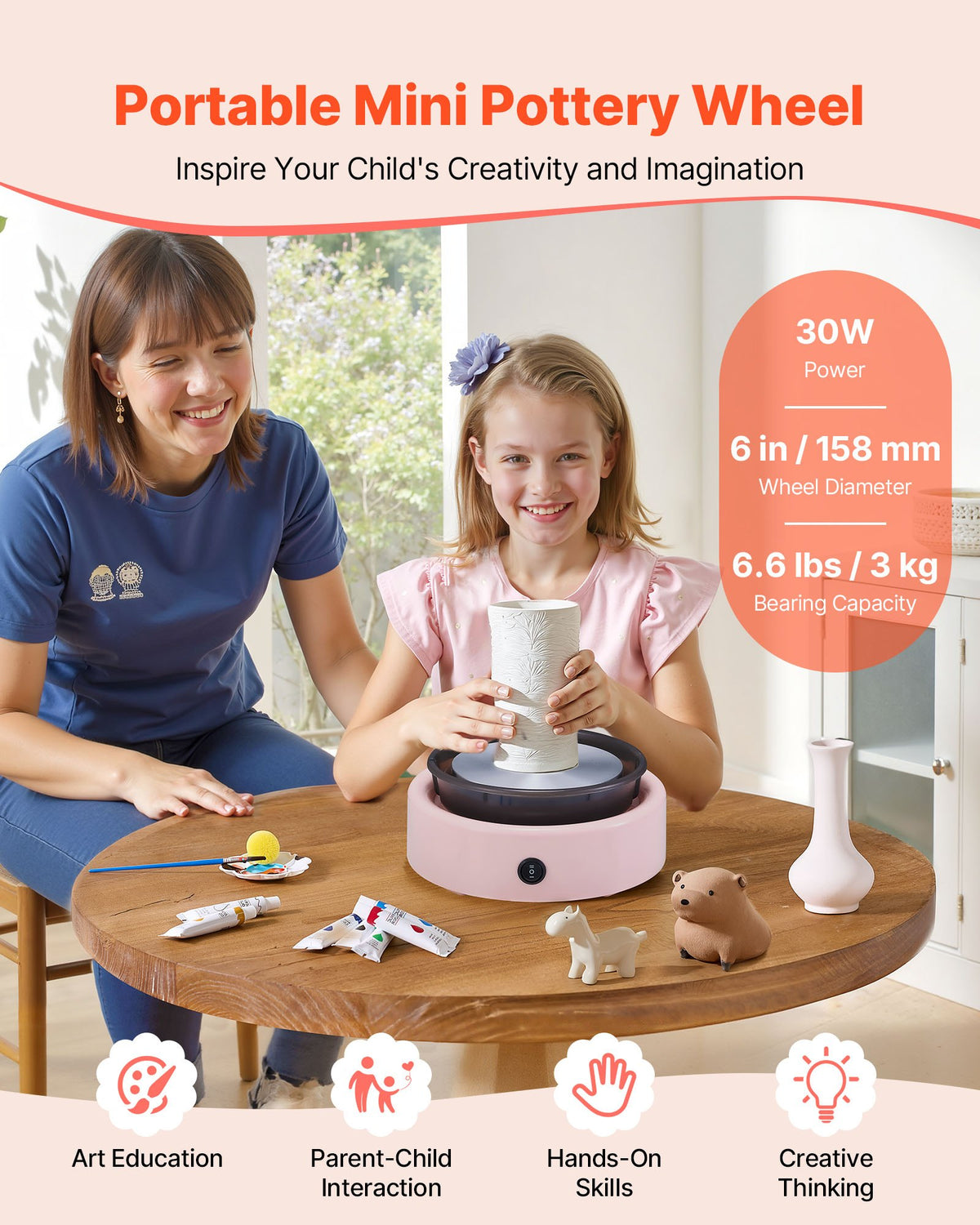 VEVOR Mini Pottery Wheel, 158 mm Turntable, Forward and Reverse Rotation, Adjustable Speed, Electric Clay Wheel for Kids and Beginners, with Shaping Tools, for Home DIY, Pottery Classes, Pink