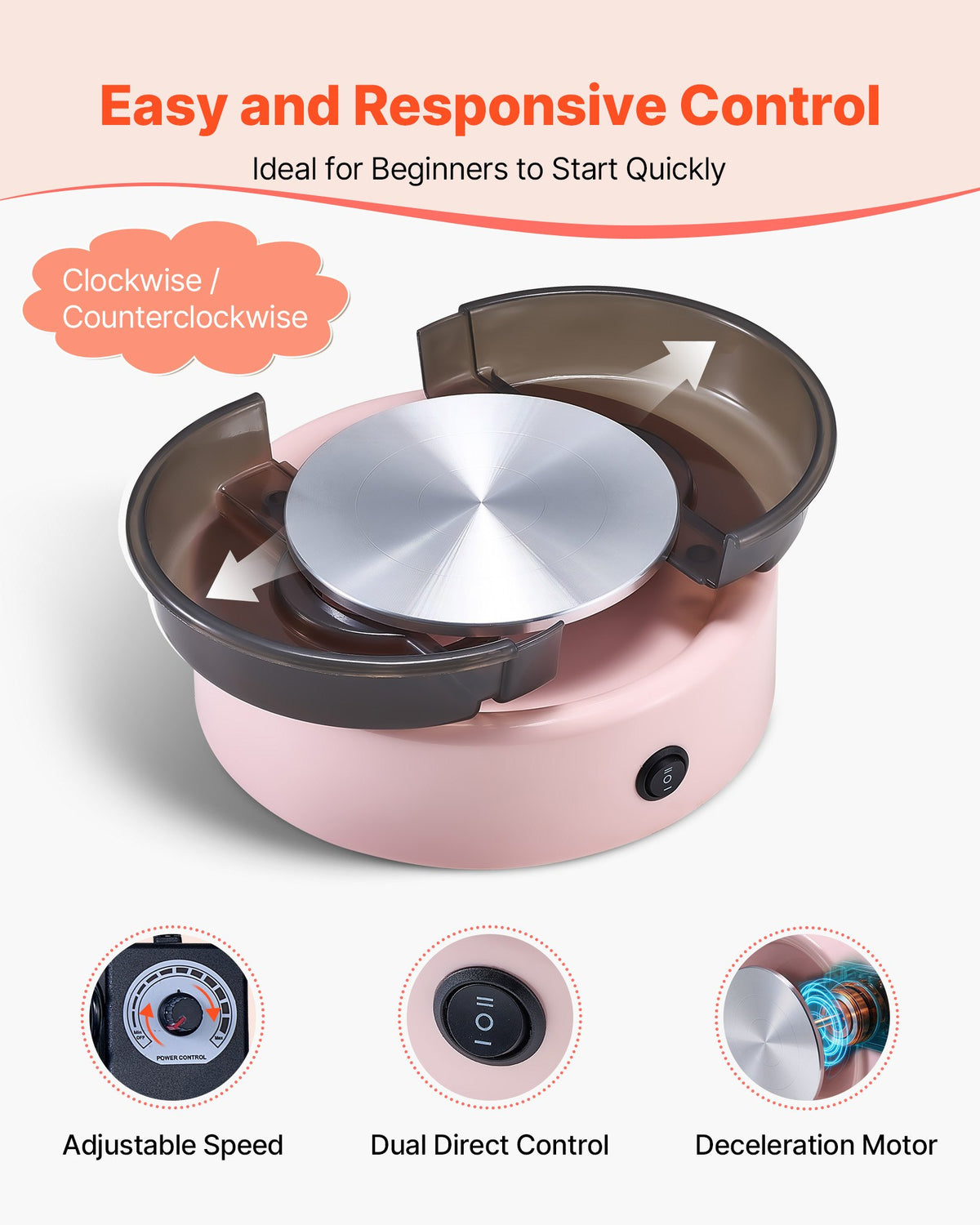 VEVOR Mini Pottery Wheel, 158 mm Turntable, Forward and Reverse Rotation, Adjustable Speed, Electric Clay Wheel for Kids and Beginners, with Shaping Tools, for Home DIY, Pottery Classes, Pink