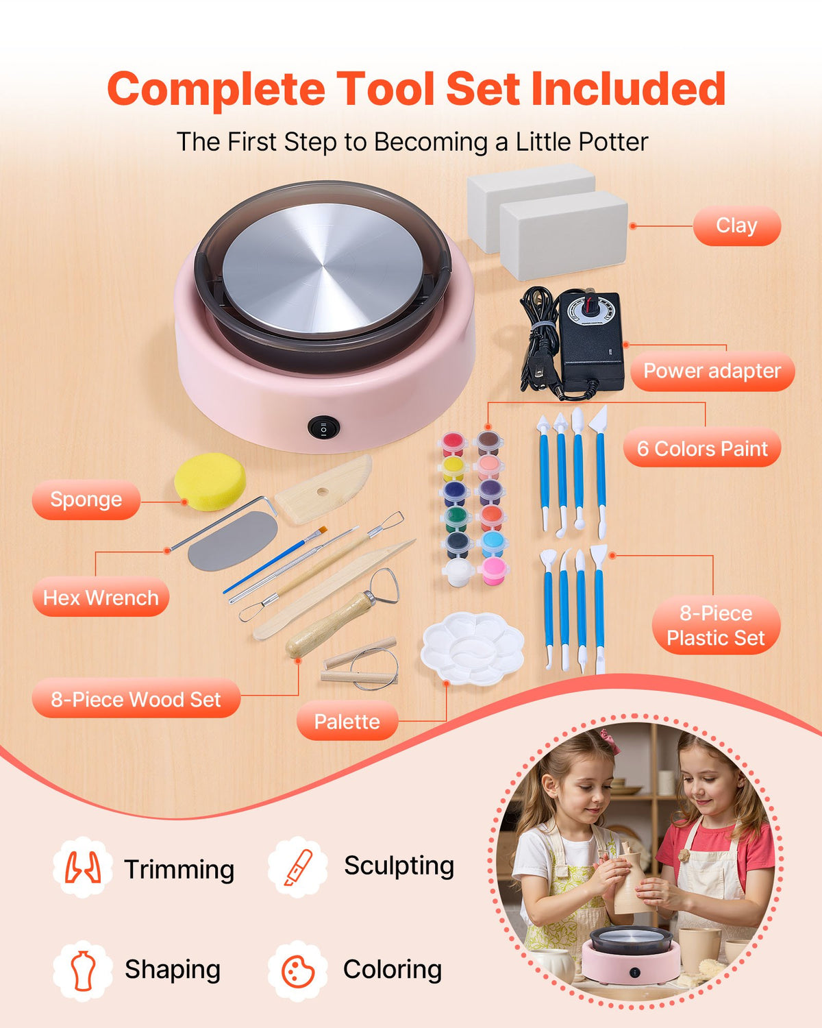 VEVOR Mini Pottery Wheel, 158 mm Turntable, Forward and Reverse Rotation, Adjustable Speed, Electric Clay Wheel for Kids and Beginners, with Shaping Tools, for Home DIY, Pottery Classes, Pink