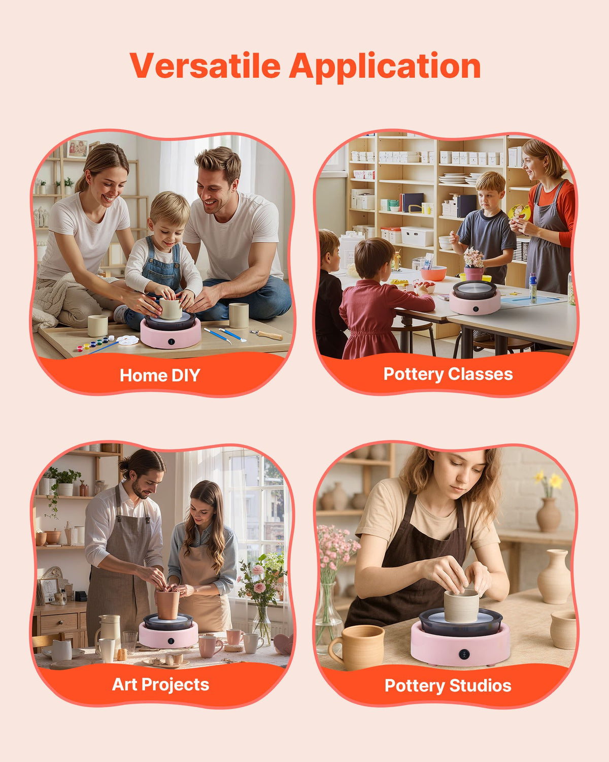 VEVOR Mini Pottery Wheel, 158 mm Turntable, Forward and Reverse Rotation, Adjustable Speed, Electric Clay Wheel for Kids and Beginners, with Shaping Tools, for Home DIY, Pottery Classes, Pink
