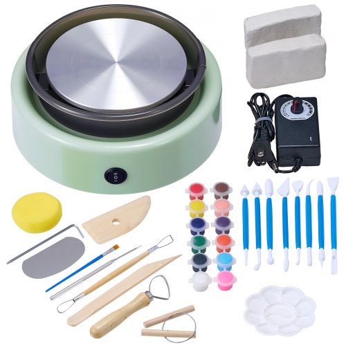VEVOR Mini Pottery Wheel, 158 mm Turntable, Forward and Reverse Rotation, Adjustable Speed, Electric Clay Wheel for Kids and Beginners, with Shaping Tools, for Home DIY, Pottery Classes, Green