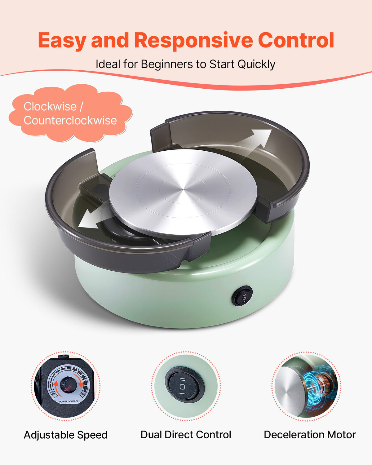 VEVOR Mini Pottery Wheel, 158 mm Turntable, Forward and Reverse Rotation, Adjustable Speed, Electric Clay Wheel for Kids and Beginners, with Shaping Tools, for Home DIY, Pottery Classes, Green