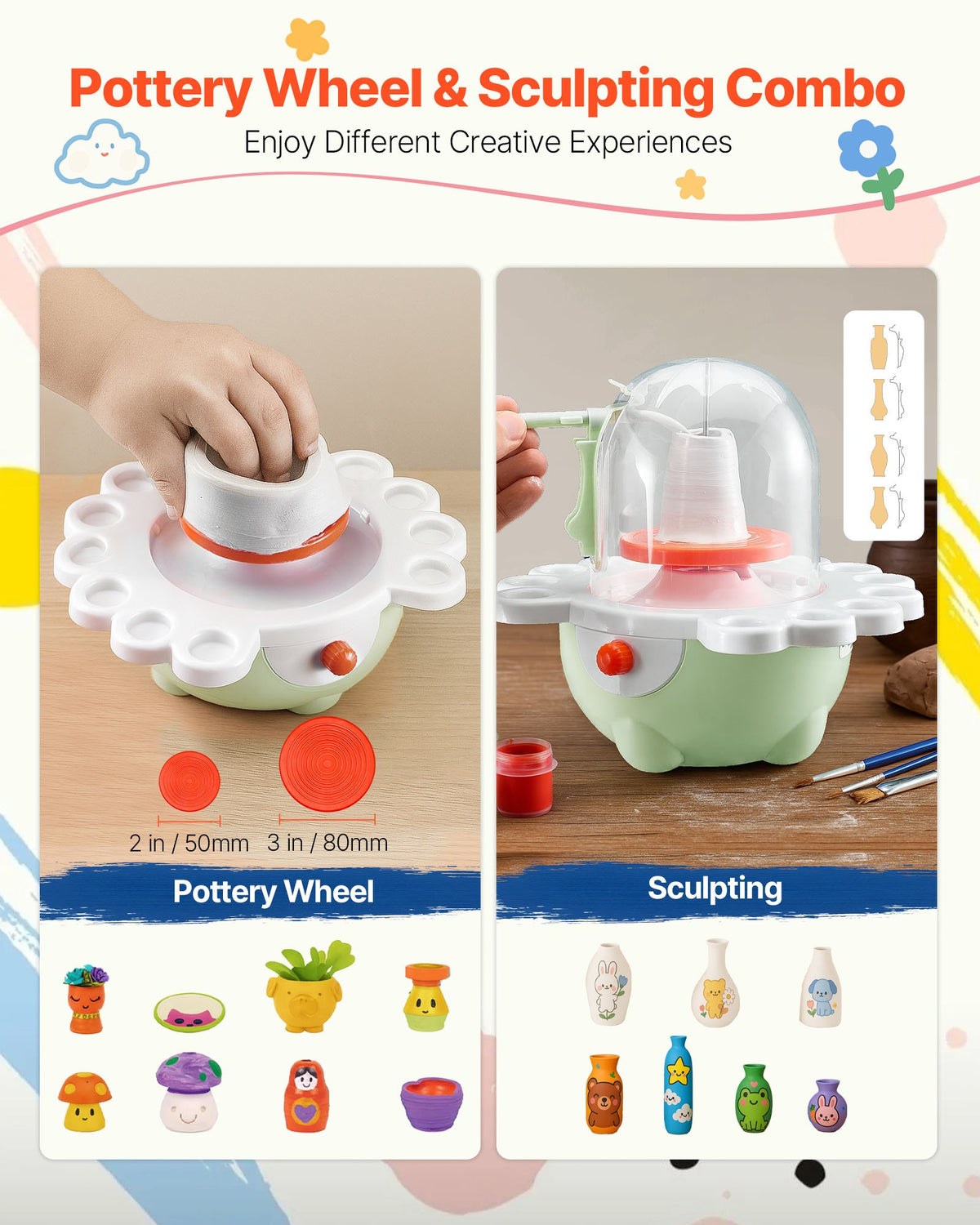 VEVOR Mini Pottery Wheel, 50 mm and 80 mm Turntables, Adjustable Speed, Electric Clay Wheel for Kids and Beginners, Complete Pottery Set with Clay Sculpting Tools, Gift for Boys and Girls, Green