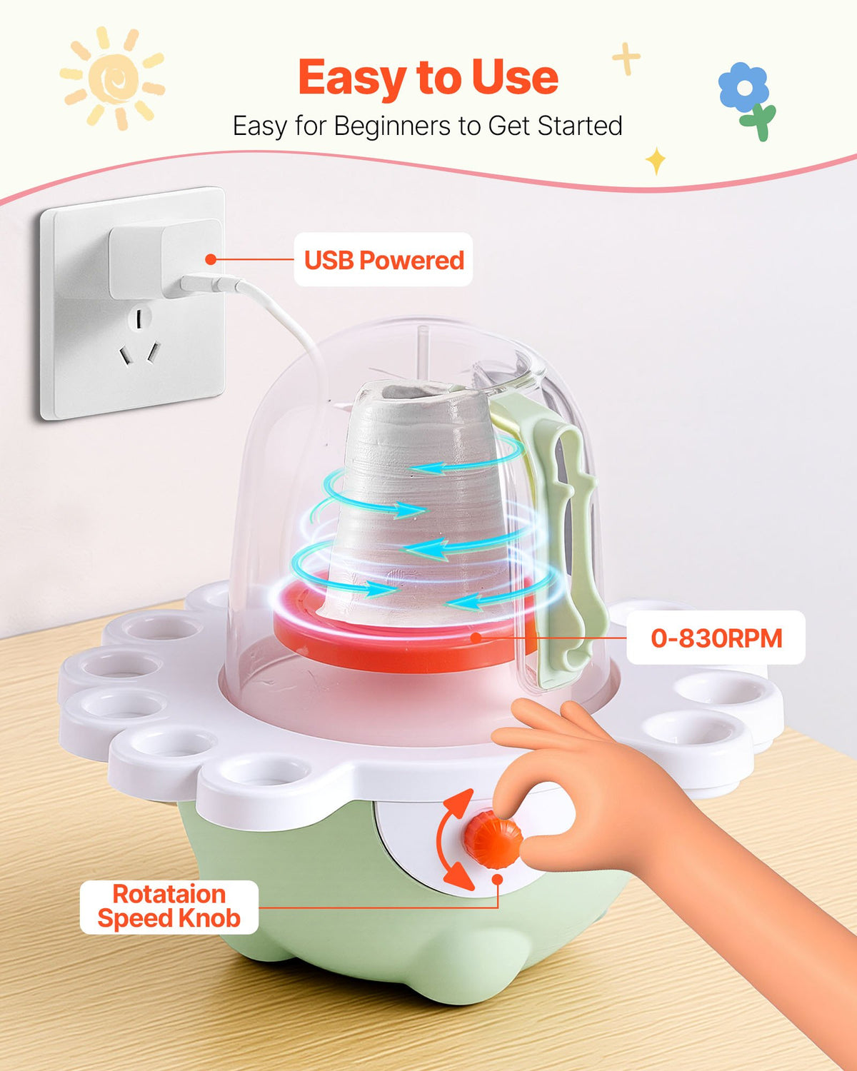 VEVOR Mini Pottery Wheel, 50 mm and 80 mm Turntables, Adjustable Speed, Electric Clay Wheel for Kids and Beginners, Complete Pottery Set with Clay Sculpting Tools, Gift for Boys and Girls, Green