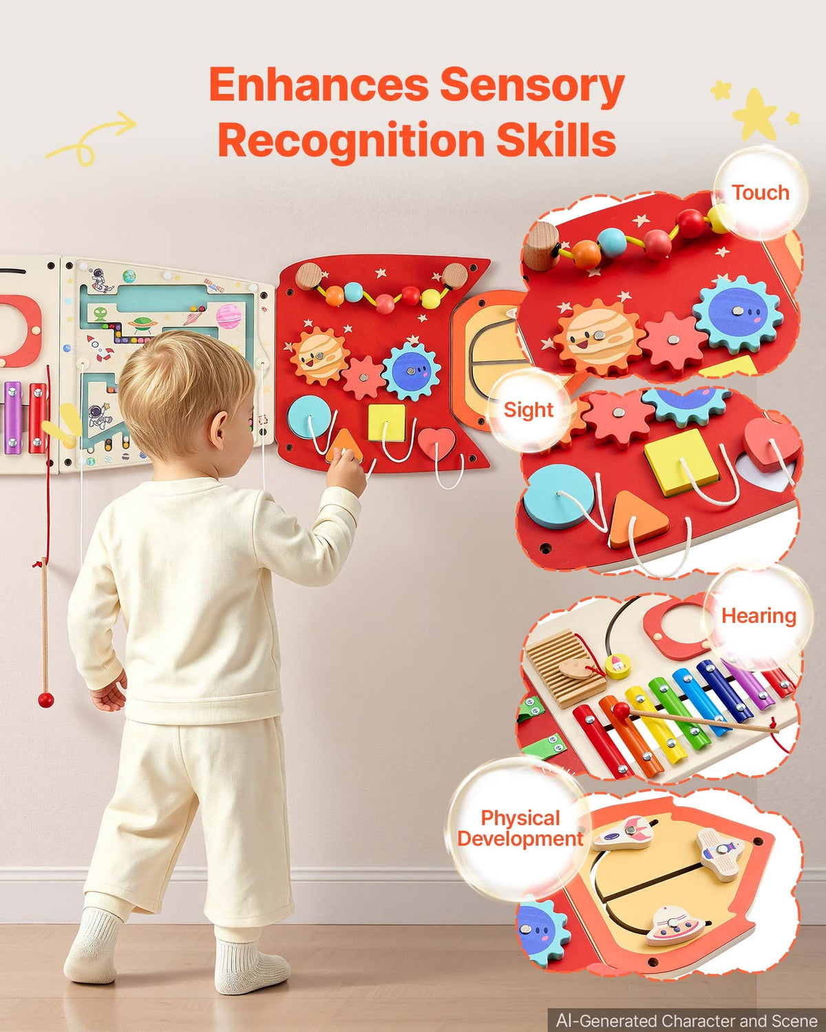 VEVOR Wall Busy Board, 13-in-1 Rocket Montessori Sensory Activity Panels, Learning Activity Center for Daycare, Classroom, Playroom, and Home, Sturdy Wooden Educational Toys, with Mounting Hardware