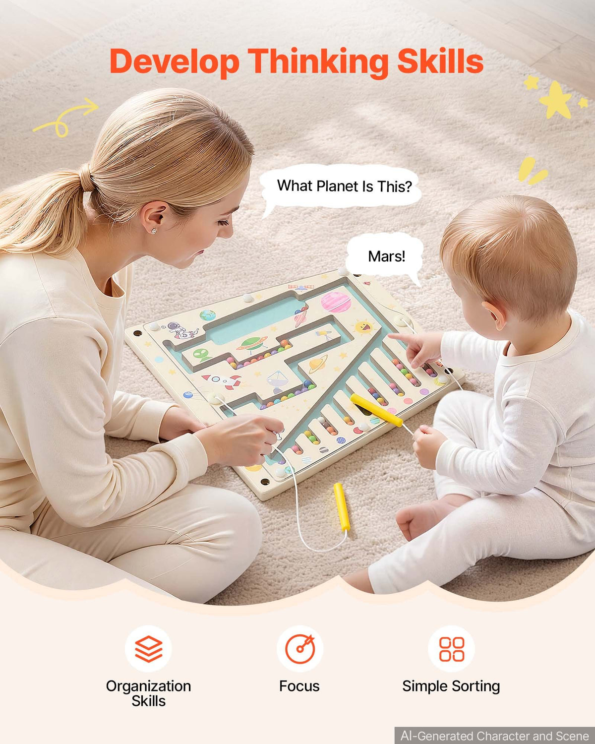 VEVOR Wall Busy Board, 13-in-1 Rocket Montessori Sensory Activity Panels, Learning Activity Center for Daycare, Classroom, Playroom, and Home, Sturdy Wooden Educational Toys, with Mounting Hardware