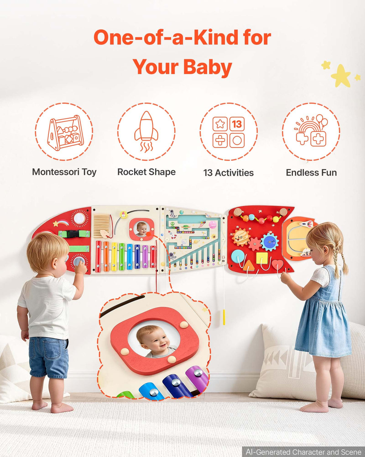 VEVOR Wall Busy Board, 13-in-1 Rocket Montessori Sensory Activity Panels, Learning Activity Center for Daycare, Classroom, Playroom, and Home, Sturdy Wooden Educational Toys, with Mounting Hardware