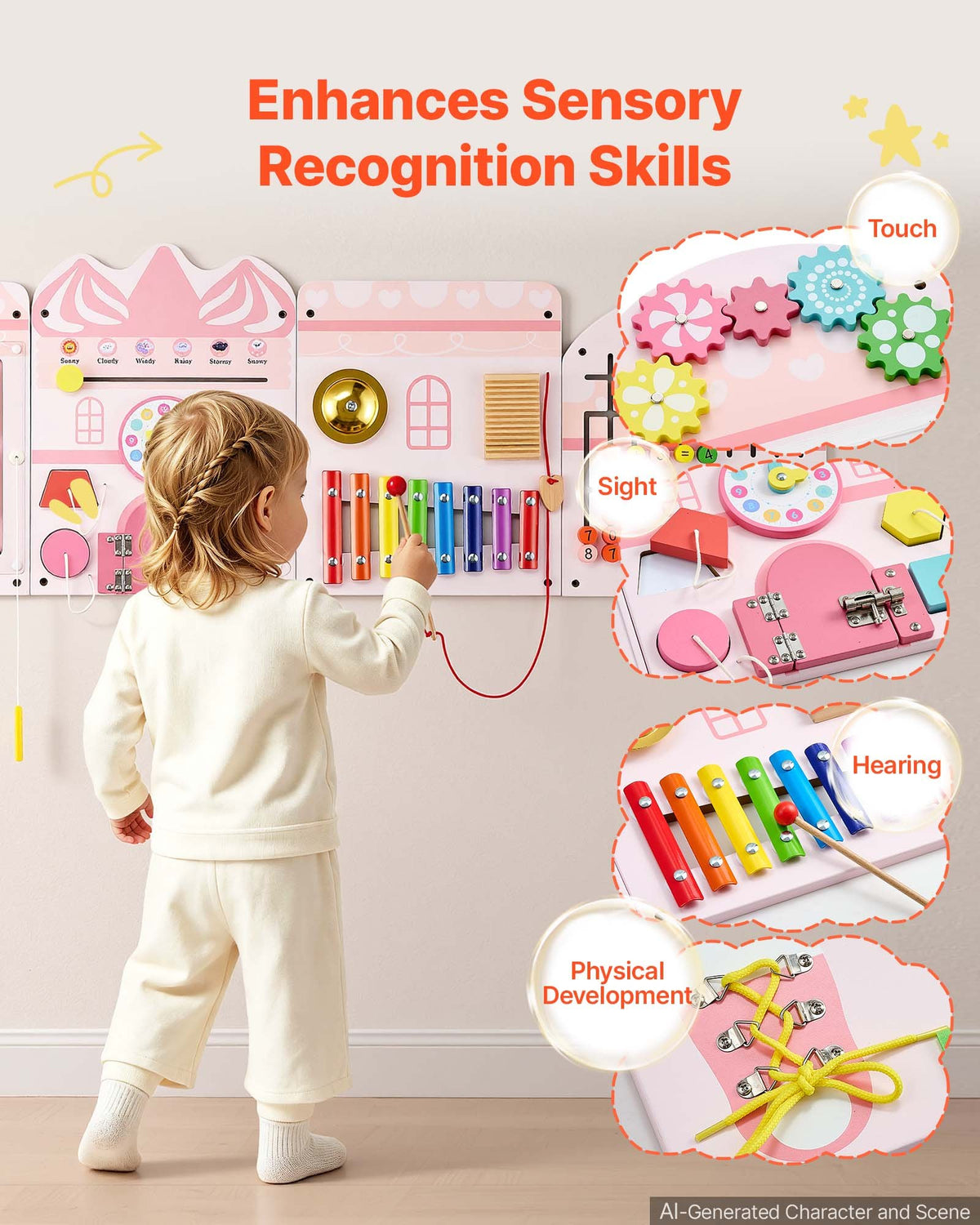 VEVOR Wall Busy Board, 14-in-1 Castle Montessori Sensory Activity Panels, Learning Activity Center for Daycare, Classroom, Playroom, and Home, Sturdy Wooden Educational Toys, with Mounting Hardware