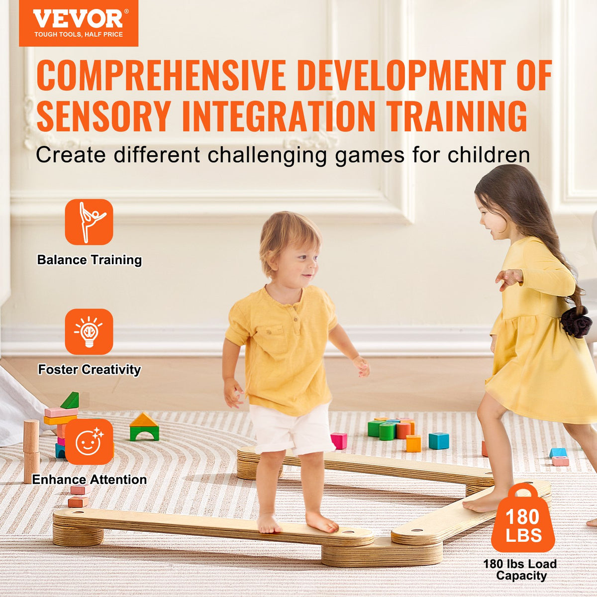 VEVOR Balance Beam Stepping Stones, 3 PCS Wooden Toddler Balance Boards, Montessori Toy for Kids 2-6, Build Coordination and Gross Motor Skills, Gymnastics Course Indoor & Outdoor for Girls Boys Gift