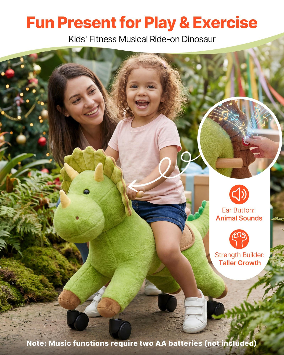 VEVOR Ride On Horse, Riding Dinosaur Toys for Kids, Features Lifelike Dinosaur Roars, No Battery Required, 360-Degree Flexible Smooth Wheels, Soft Seat, 40 kg Max Load Capacity for Toddlers Ages 3+