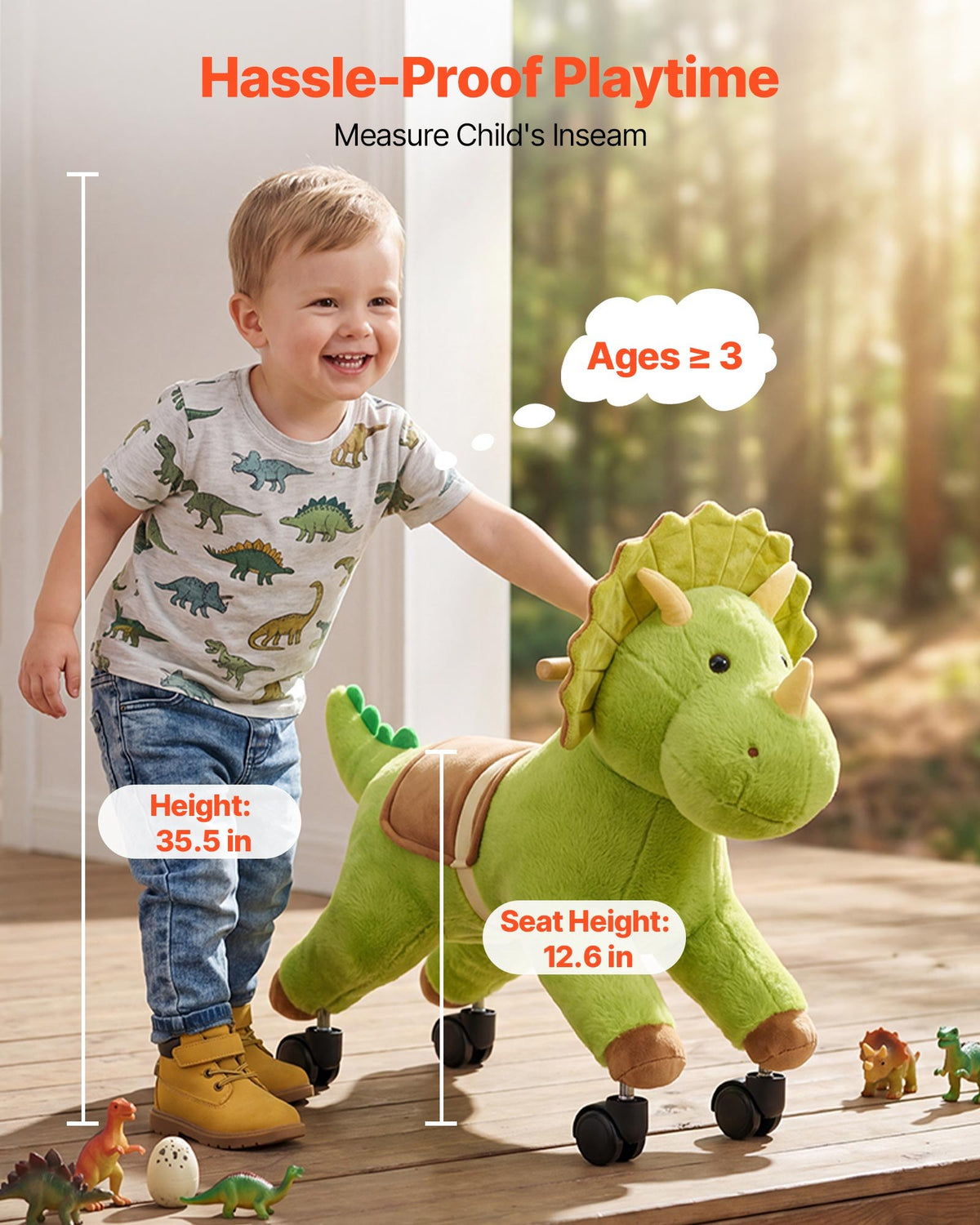VEVOR Ride On Horse, Riding Dinosaur Toys for Kids, Features Lifelike Dinosaur Roars, No Battery Required, 360-Degree Flexible Smooth Wheels, Soft Seat, 40 kg Max Load Capacity for Toddlers Ages 3+
