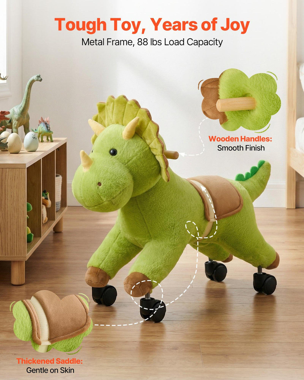 VEVOR Ride On Horse, Riding Dinosaur Toys for Kids, Features Lifelike Dinosaur Roars, No Battery Required, 360-Degree Flexible Smooth Wheels, Soft Seat, 40 kg Max Load Capacity for Toddlers Ages 3+