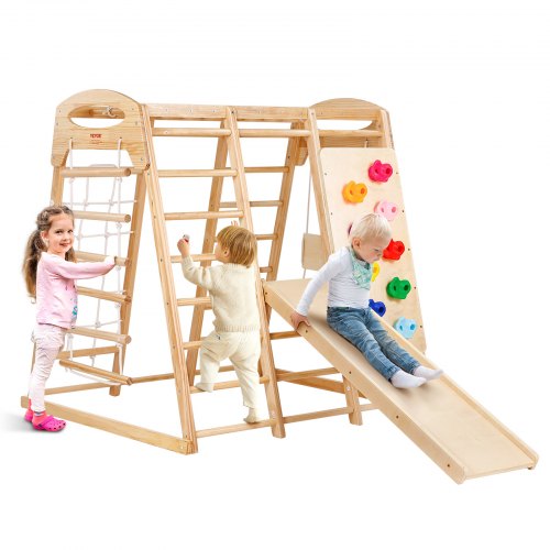 VEVOR Indoor Jungle Gym, 7-in-1 Toddler Indoor Playground, 120 x 147 x 142 cm, with Wood and Rope Ladder, Net Ladder, Swing, Monkey Bar, Slide, Climbing Wall, Wooden Indoor Climbing Toys for Kids