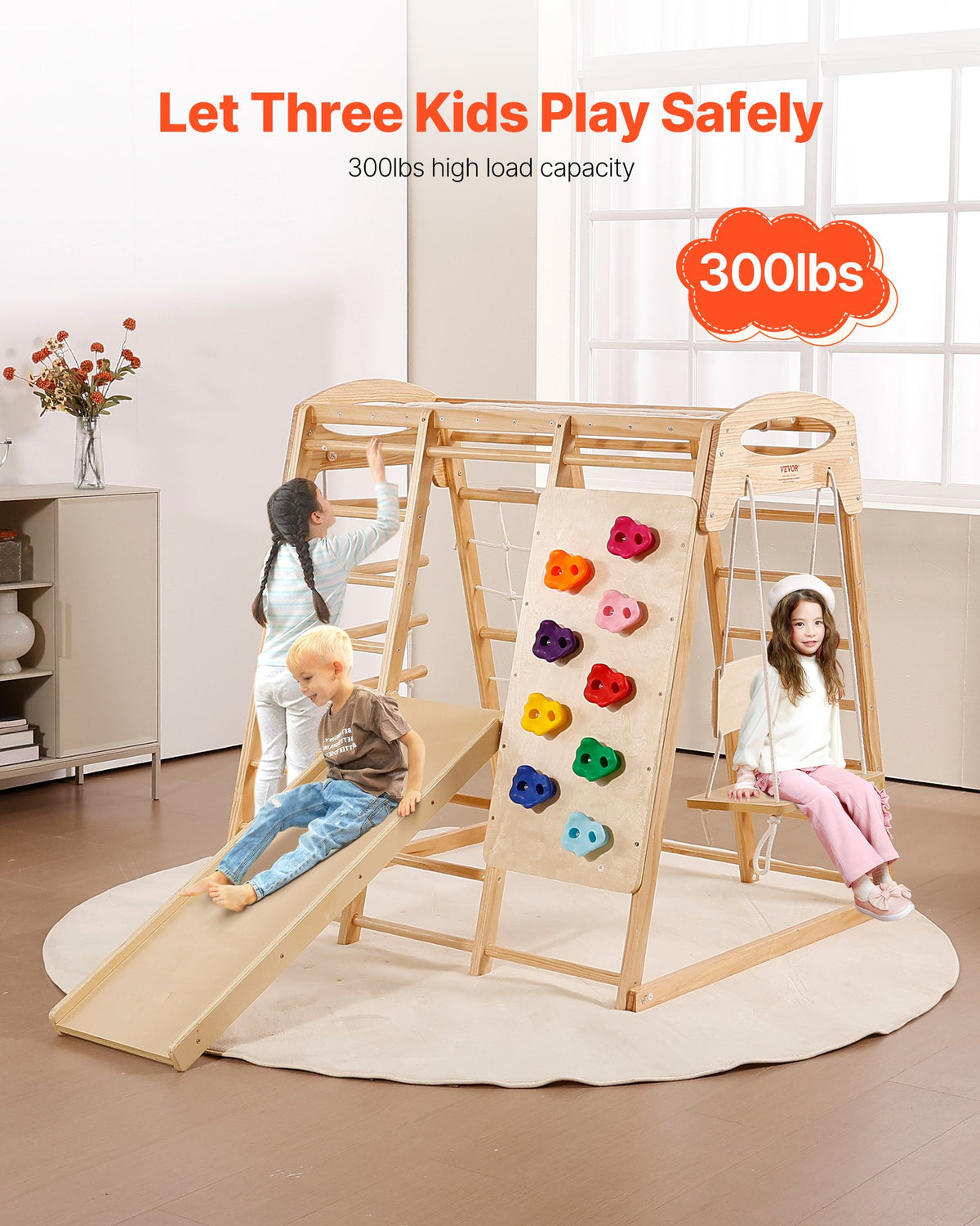 VEVOR Indoor Jungle Gym, 7-in-1 Toddler Indoor Playground, 120 x 147 x 142 cm, with Wood and Rope Ladder, Net Ladder, Swing, Monkey Bar, Slide, Climbing Wall, Wooden Indoor Climbing Toys for Kids