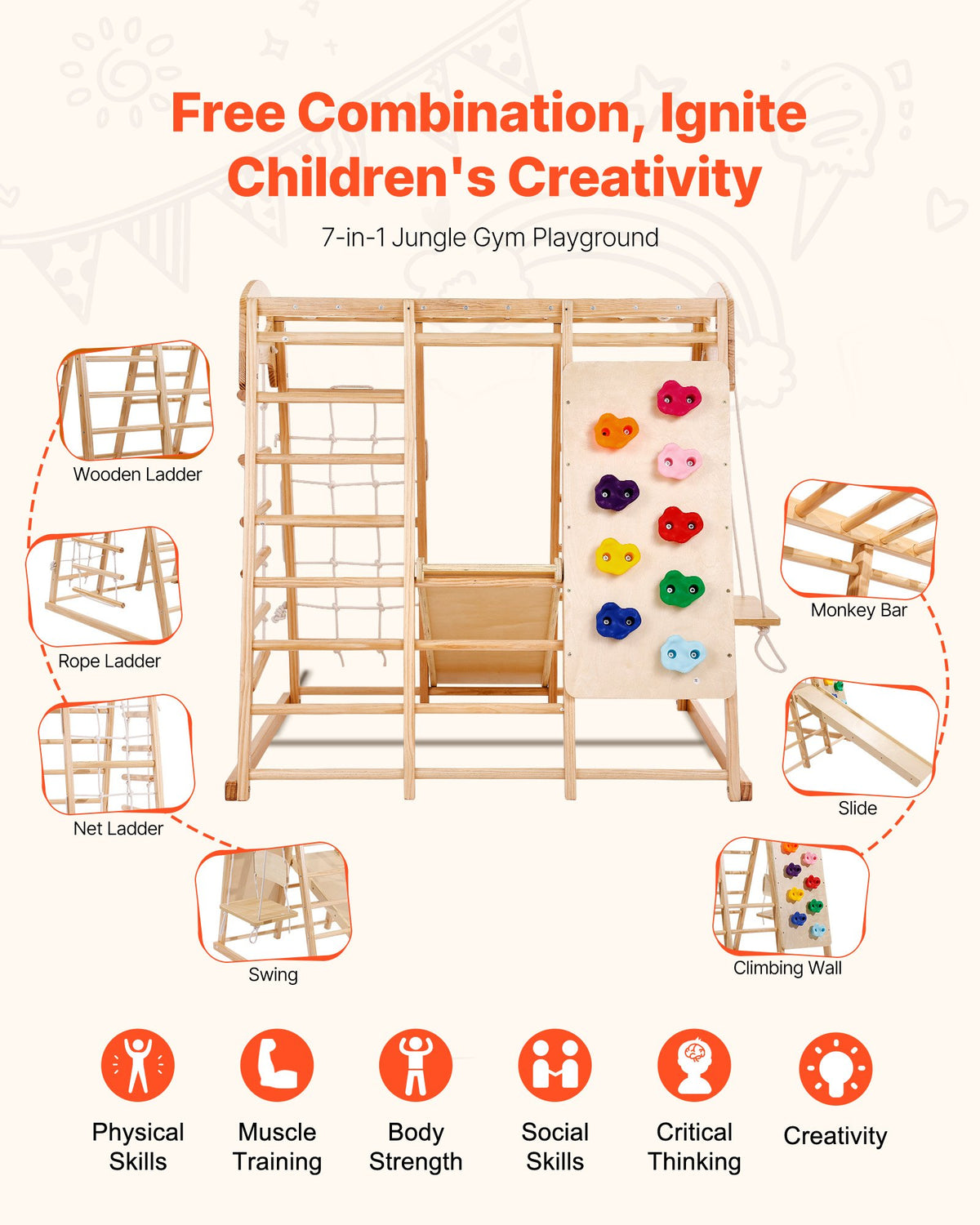 VEVOR Indoor Jungle Gym, 7-in-1 Toddler Indoor Playground, 120 x 147 x 142 cm, with Wood and Rope Ladder, Net Ladder, Swing, Monkey Bar, Slide, Climbing Wall, Wooden Indoor Climbing Toys for Kids