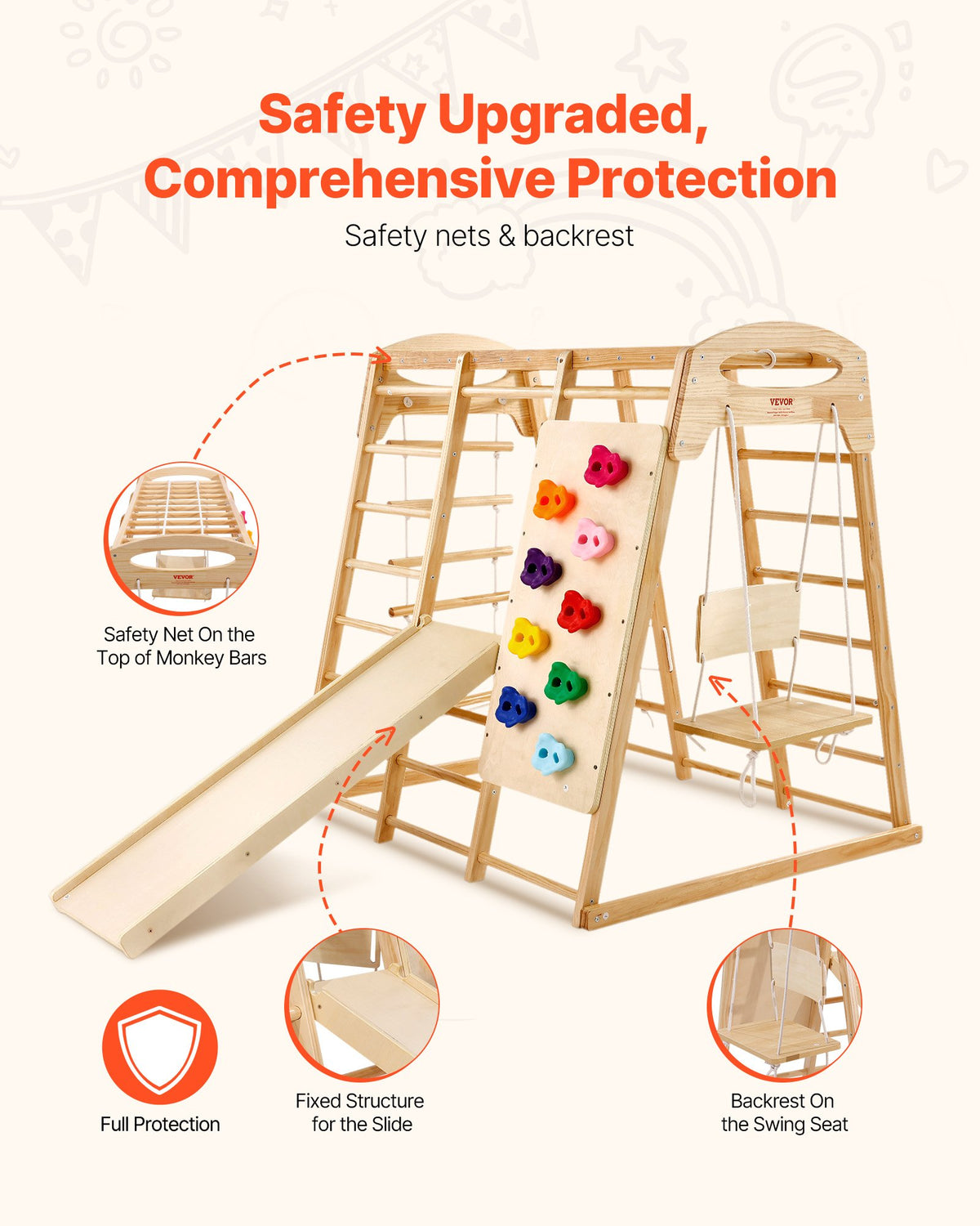 VEVOR Indoor Jungle Gym, 7-in-1 Toddler Indoor Playground, 120 x 147 x 142 cm, with Wood and Rope Ladder, Net Ladder, Swing, Monkey Bar, Slide, Climbing Wall, Wooden Indoor Climbing Toys for Kids