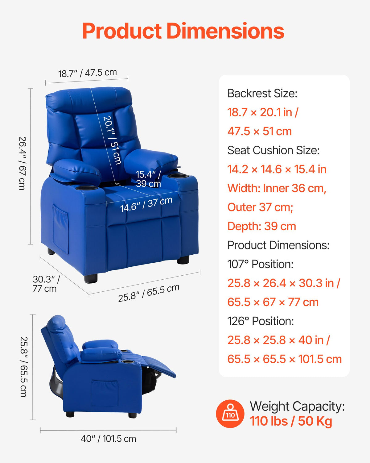 VEVOR Kids Reclining Chair, Toddler Recliner with 2 Cup Holders and 4 Pockets, 107° to 126° Adjustable Back, Easy-to-Clean PU Leather Recliner Couch with Footrest, for Boys, Girls & Children (Blue)