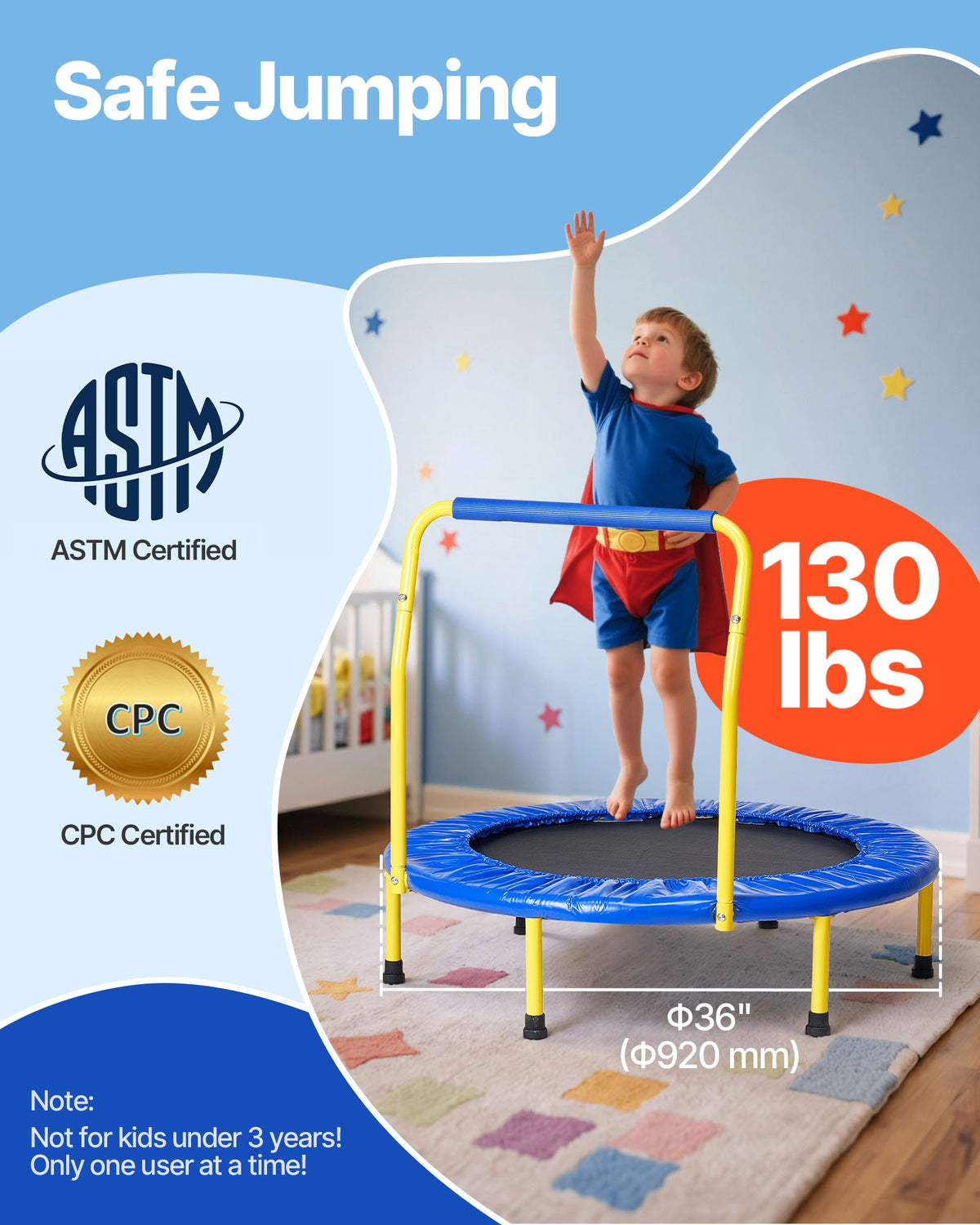 VEVOR 91.4 cm Trampoline for Kids, 91.4 cm Trampolines Indoor/Outdoor Trampoline for Toddlers, Foldable Mini Baby Trampoline with Foam Handle, Recreational Trampoline Birthday Gift for 3+ Years Kids