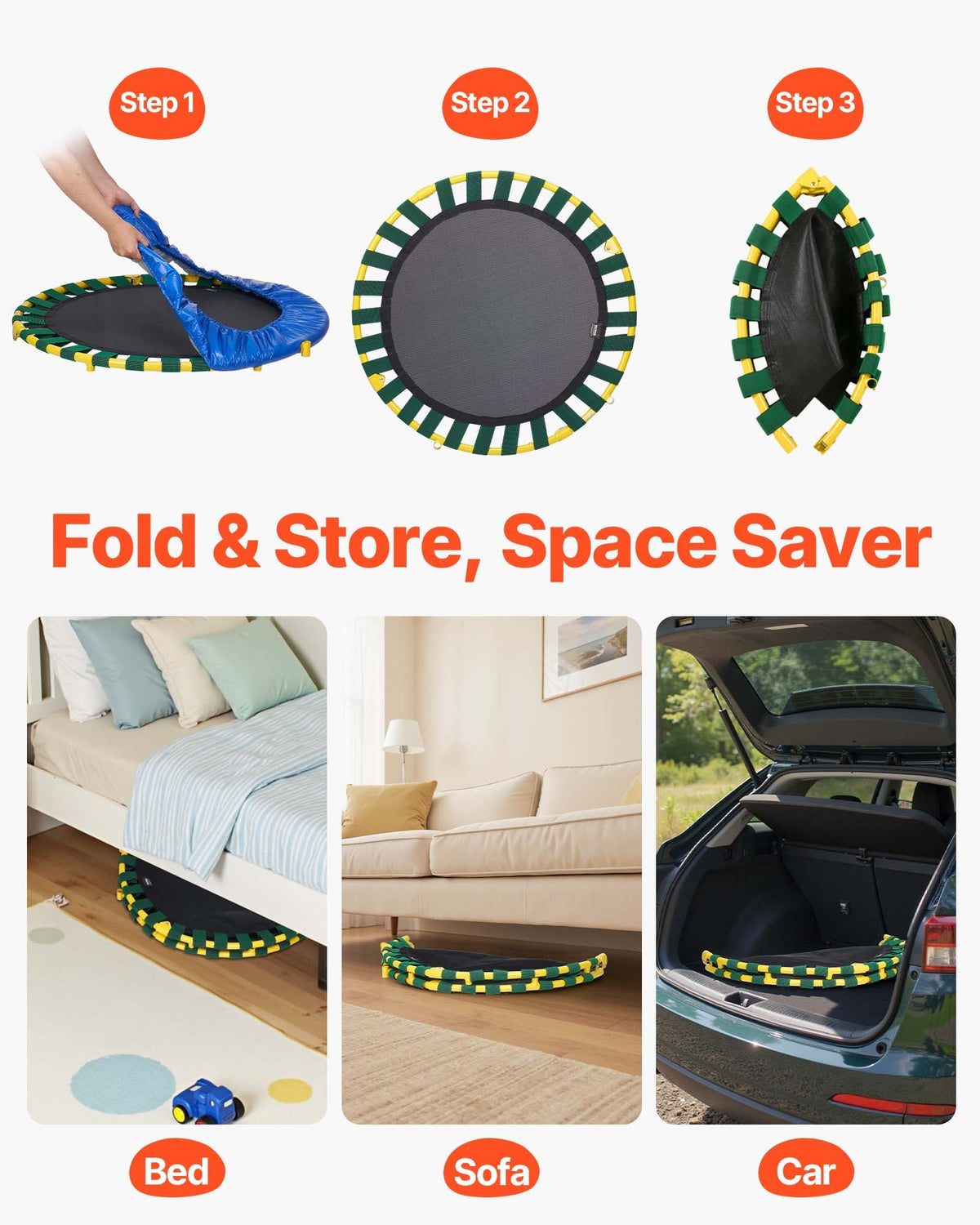 VEVOR 91.4 cm Trampoline for Kids, 91.4 cm Trampolines Indoor/Outdoor Trampoline for Toddlers, Foldable Mini Baby Trampoline with Foam Handle, Recreational Trampoline Birthday Gift for 3+ Years Kids
