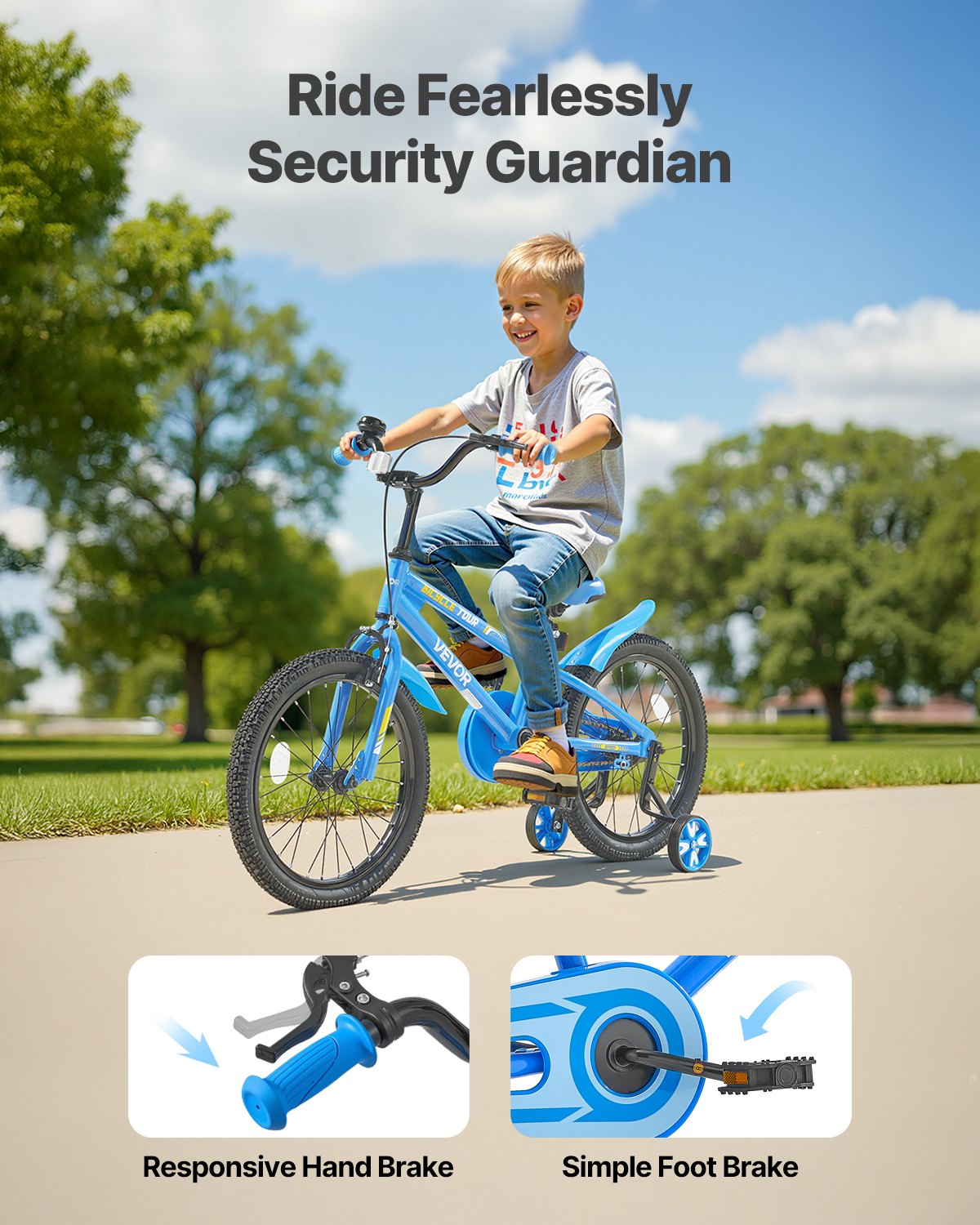 VEVOR Kids Bike, 45.72 cm BMX Style Children Bicycle, Rider Height 110 cm - 140 cm, Training Wheels Included, Sturdy and Easy to Assemble, Toddler Bike for Boys & Girls Learning to Ride, Blue