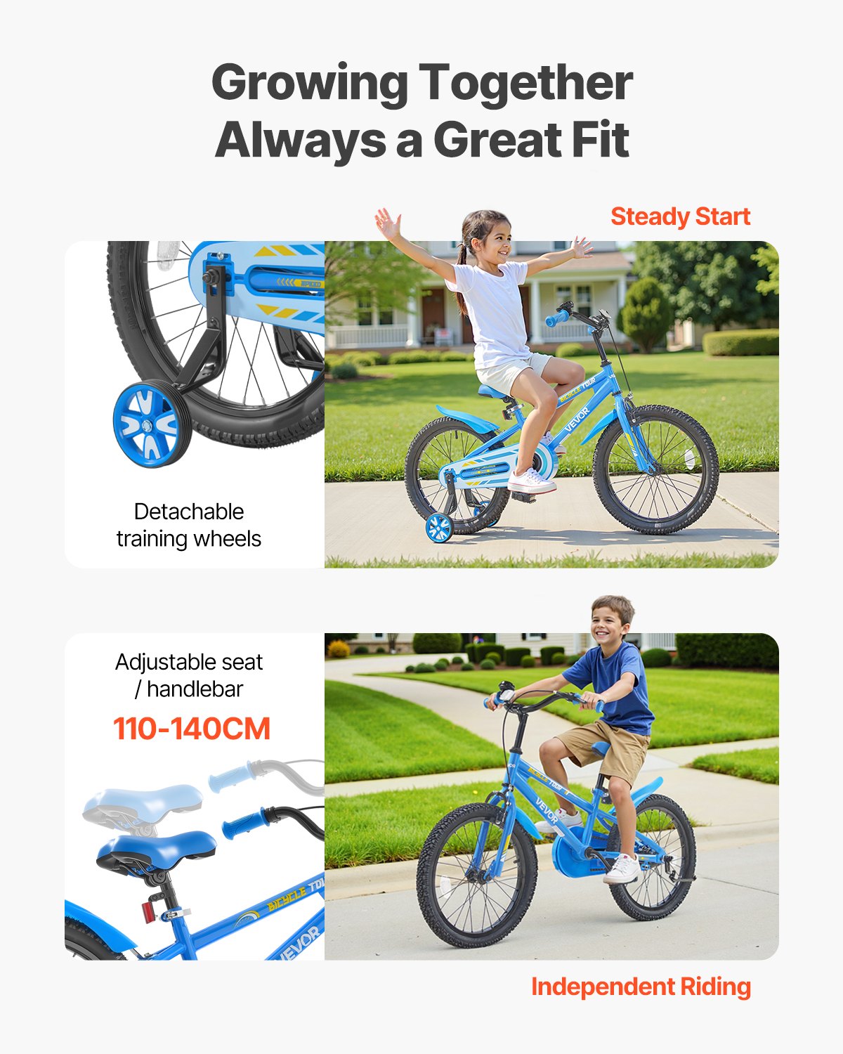 VEVOR Kids Bike, 45.72 cm BMX Style Children Bicycle, Rider Height 110 cm - 140 cm, Training Wheels Included, Sturdy and Easy to Assemble, Toddler Bike for Boys & Girls Learning to Ride, Blue