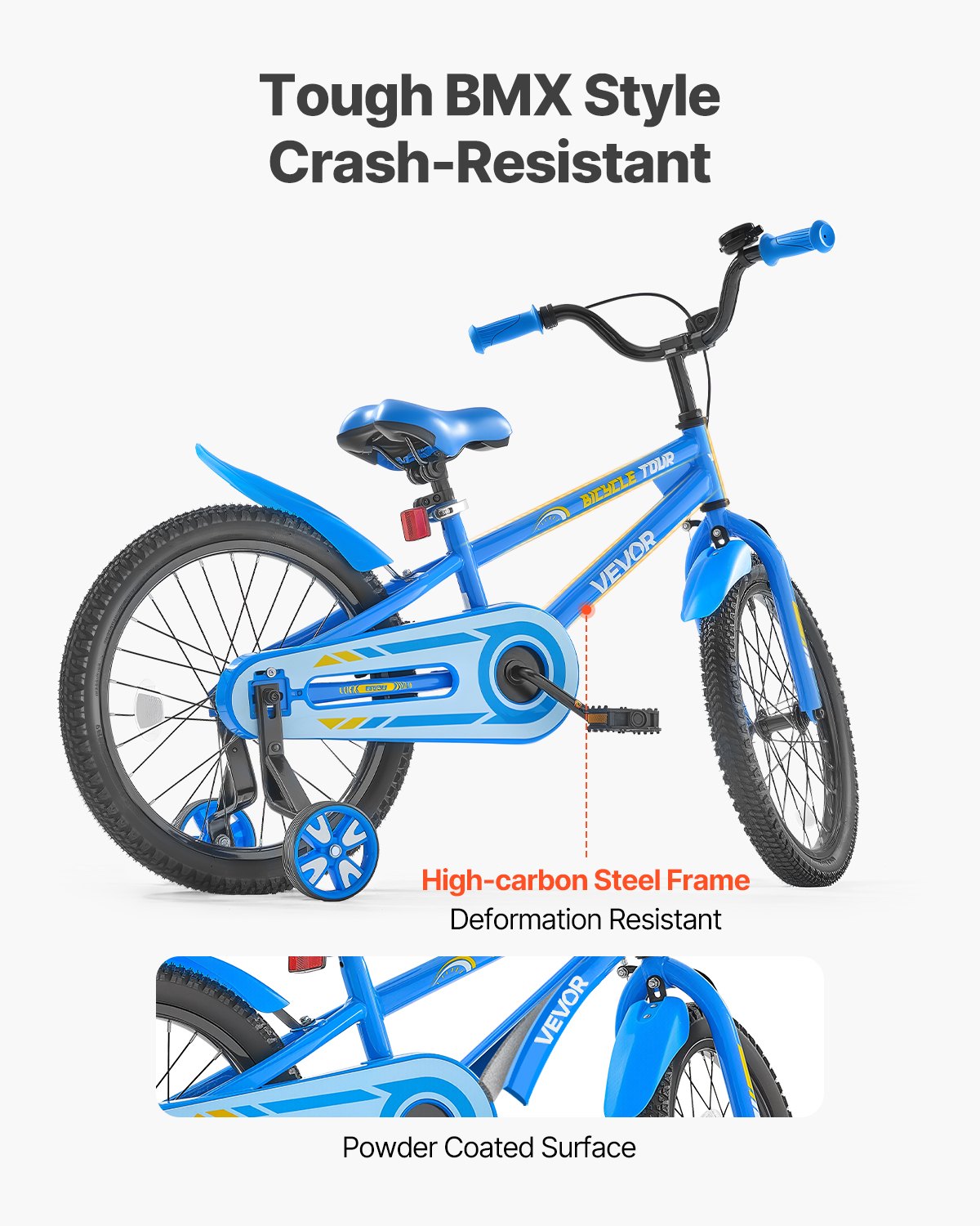 VEVOR Kids Bike, 45.72 cm BMX Style Children Bicycle, Rider Height 110 cm - 140 cm, Training Wheels Included, Sturdy and Easy to Assemble, Toddler Bike for Boys & Girls Learning to Ride, Blue